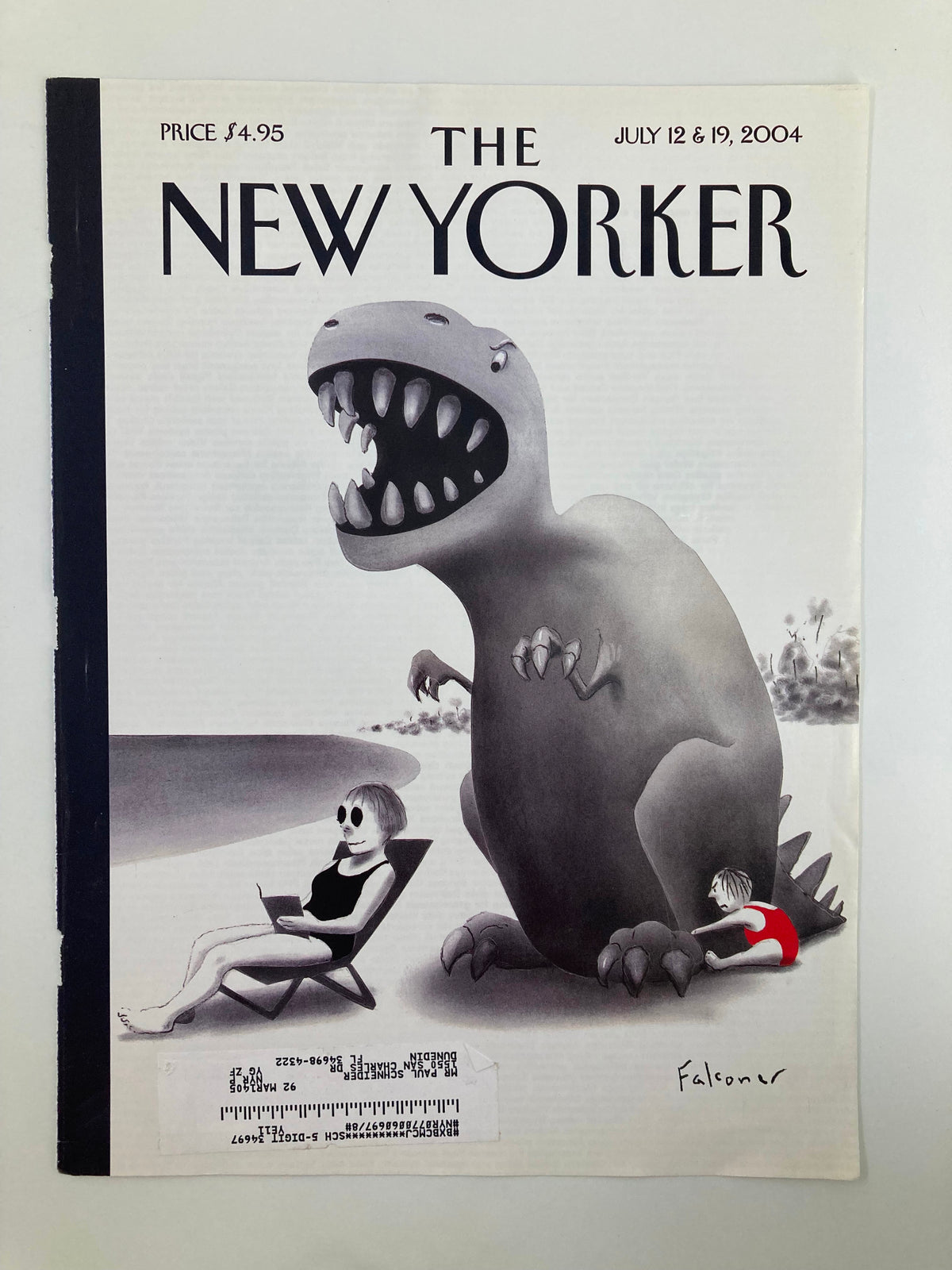 The New Yorker cover dated July 12, 2004, illustrated by Ian Falconer, depicting a playful beach scene with a dinosaur and summer characters, embodying summer vibes.