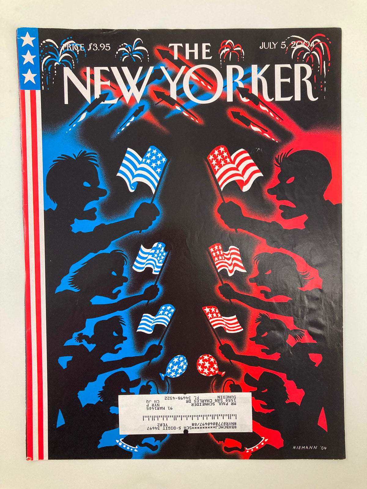 Cover only of The New Yorker July 5, 2004, featuring an eye-catching artwork by C. Niemann, depicting silhouettes of figures with American flags, symbolizing patriotism and celebrating the Declaration of Independence.
