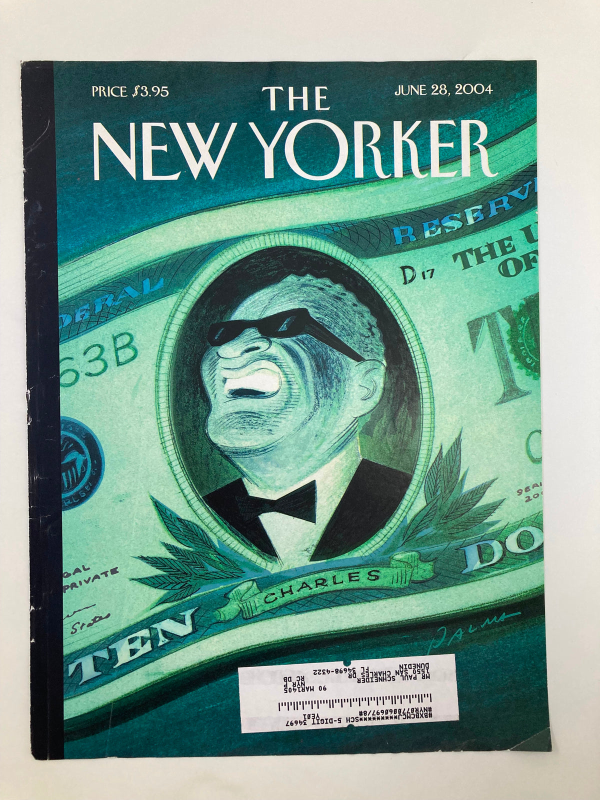 Cover of The New Yorker June 28 2004 titled 'Dogs of New York' showcasing a unique illustration of a character against a green dollar bill design and bold title.