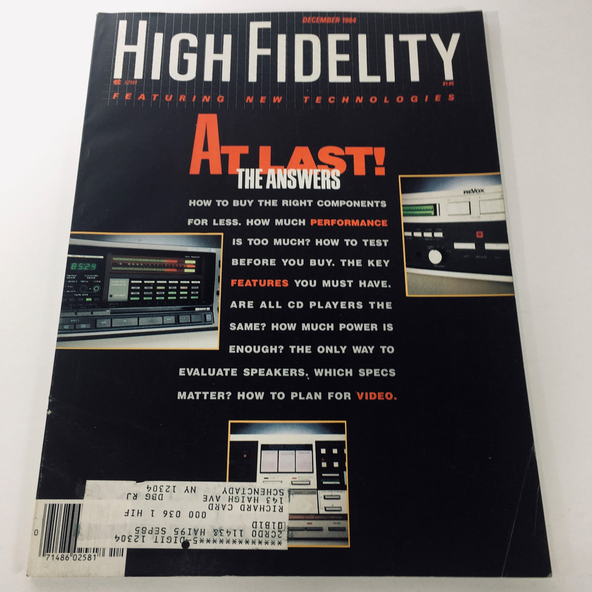 Cover of High Fidelity Magazine December 1984 featuring a focus on CD players performance and audio equipment, showcasing the title and key topics like component buying and evaluating audio technology.