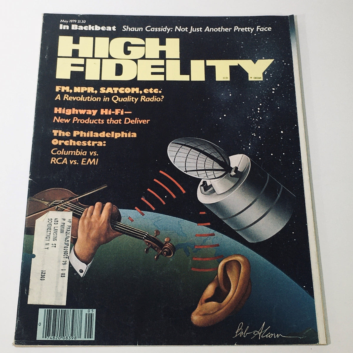 Cover of High Fidelity Magazine, May 1979, featuring The Philadelphia Orchestra and Highway Hi-Fi, showcasing a violin and audio technology in a cosmic theme.