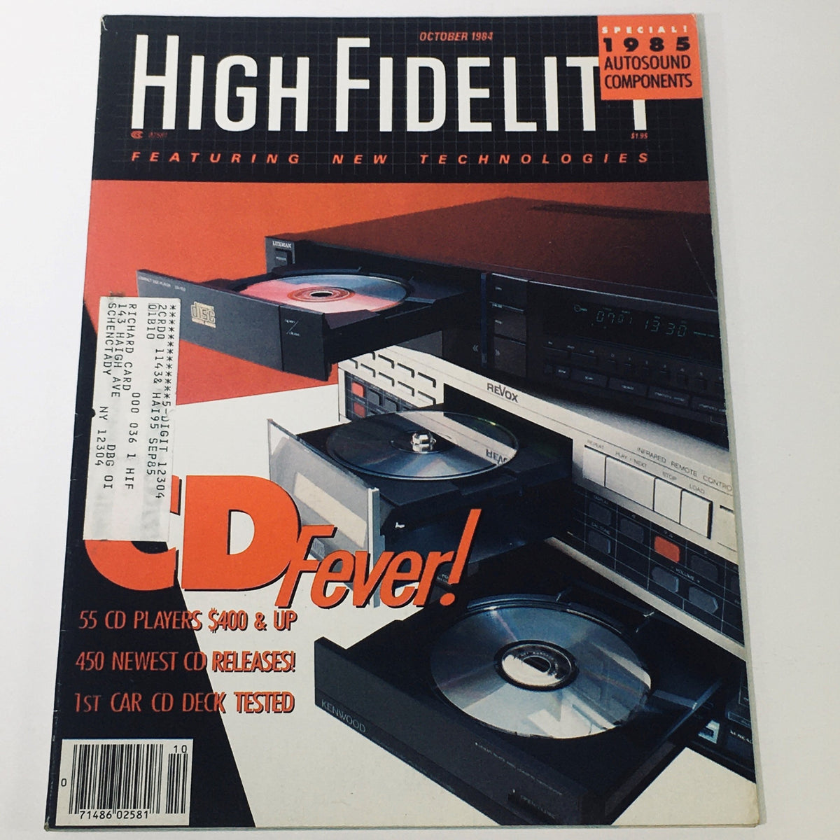 Cover of VTG High Fidelity Magazine October 1984 featuring innovative auto-sound components for 1985, highlighting CD players and audio technologies from the mid-1980s.