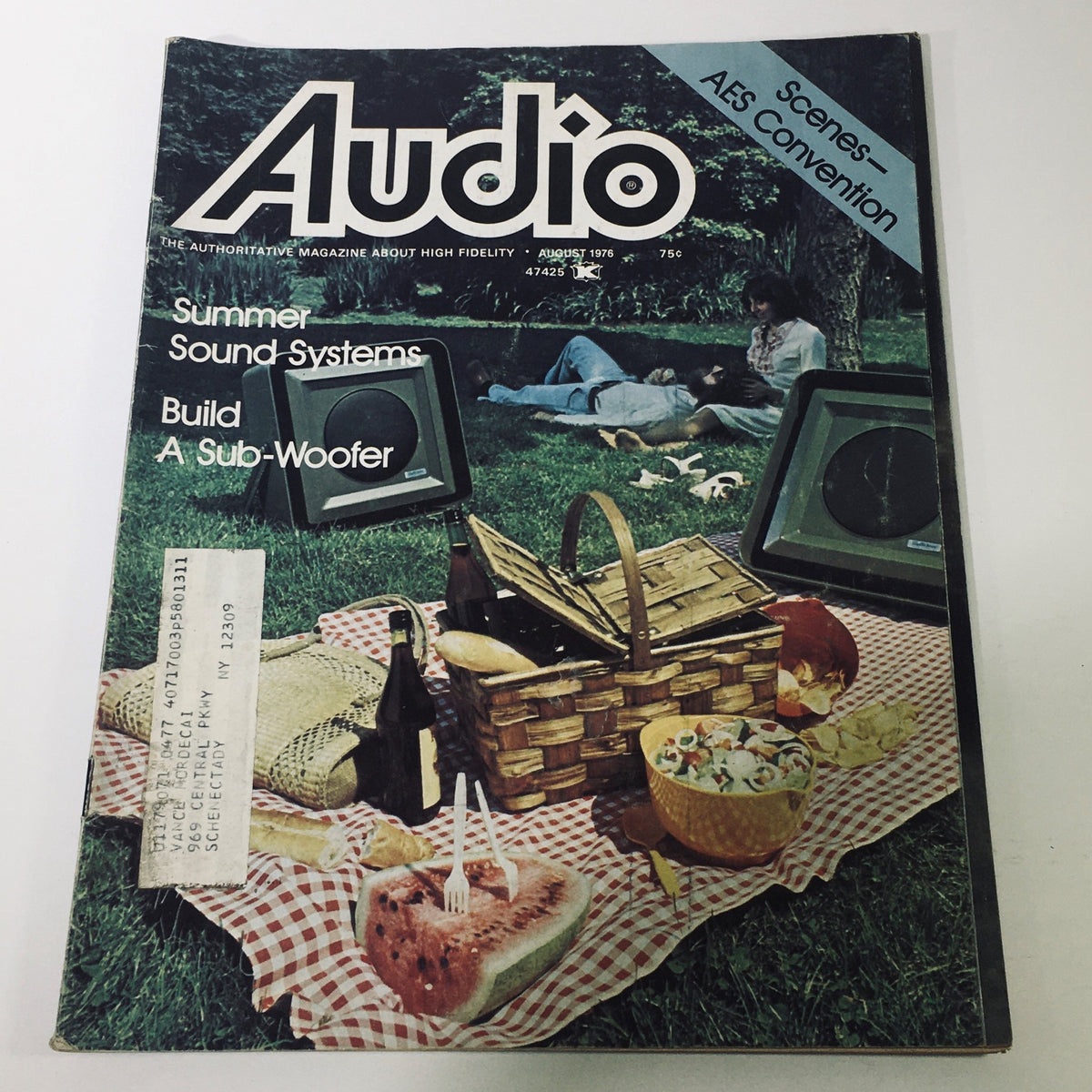 Cover of High Fidelity Magazine August 1976 featuring articles on Summer Sound Systems and building a Sub-Woofer, showcasing a picnic scene with audio equipment.