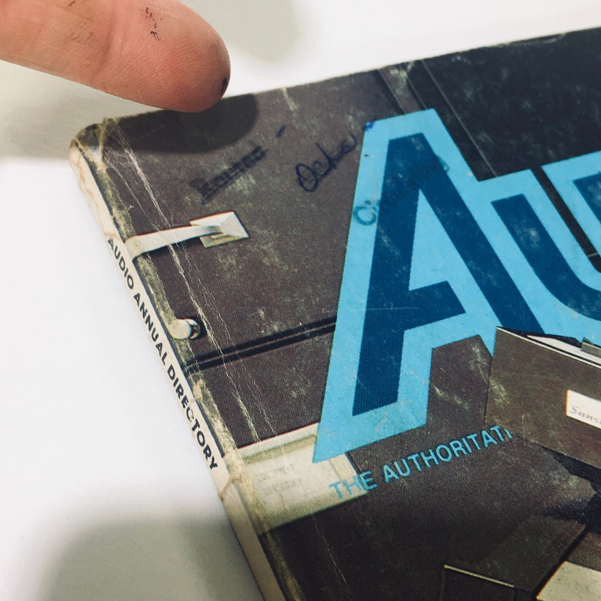 Close-up view of the cover of the October 1977 Audio Music Magazine, highlighting the title 'Audio Annual Directory' and details related to audio equipment.
