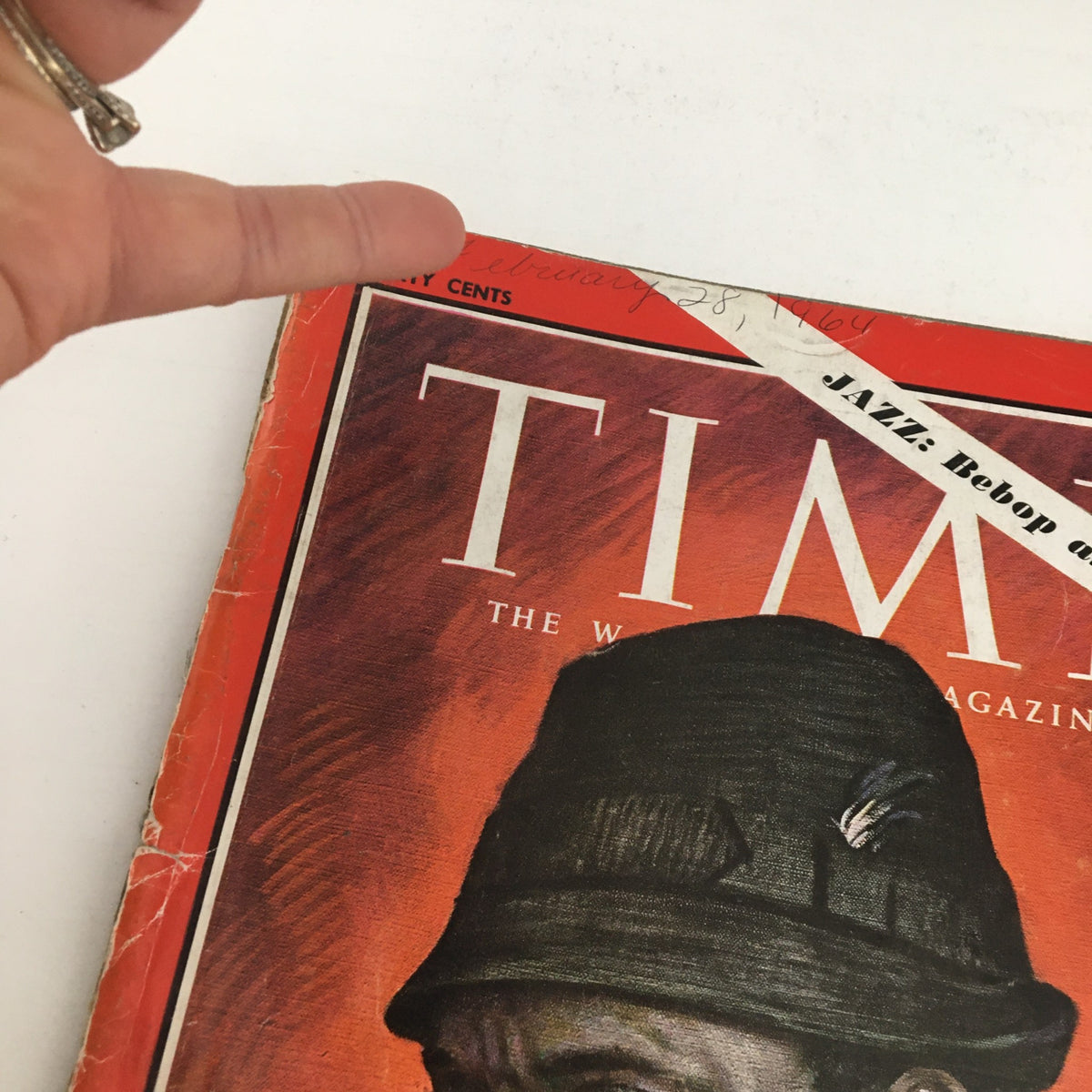 Cover of Time Magazine February 28, 1964, featuring Thelonious Monk, highlighting the theme of Jazz and Bebop, with visible wear and a handwritten date noted.