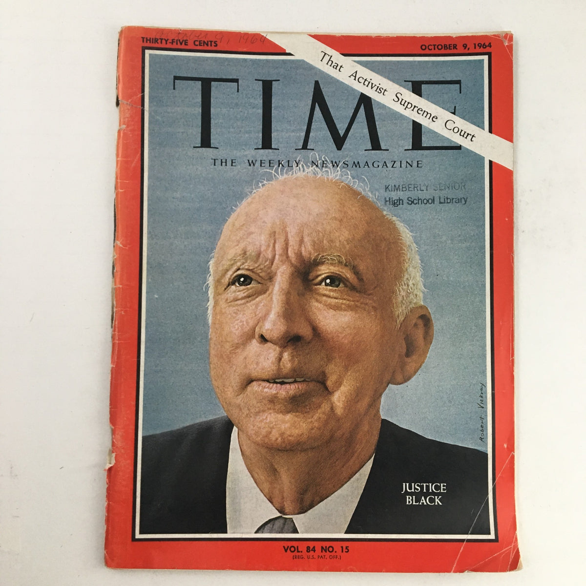 Time Magazine cover from October 9, 1964 featuring Associate Justice Hugo Black, showcasing his portrait. The magazine highlights topics relevant to the Supreme Court, labeled 'That Activist Supreme Court'.