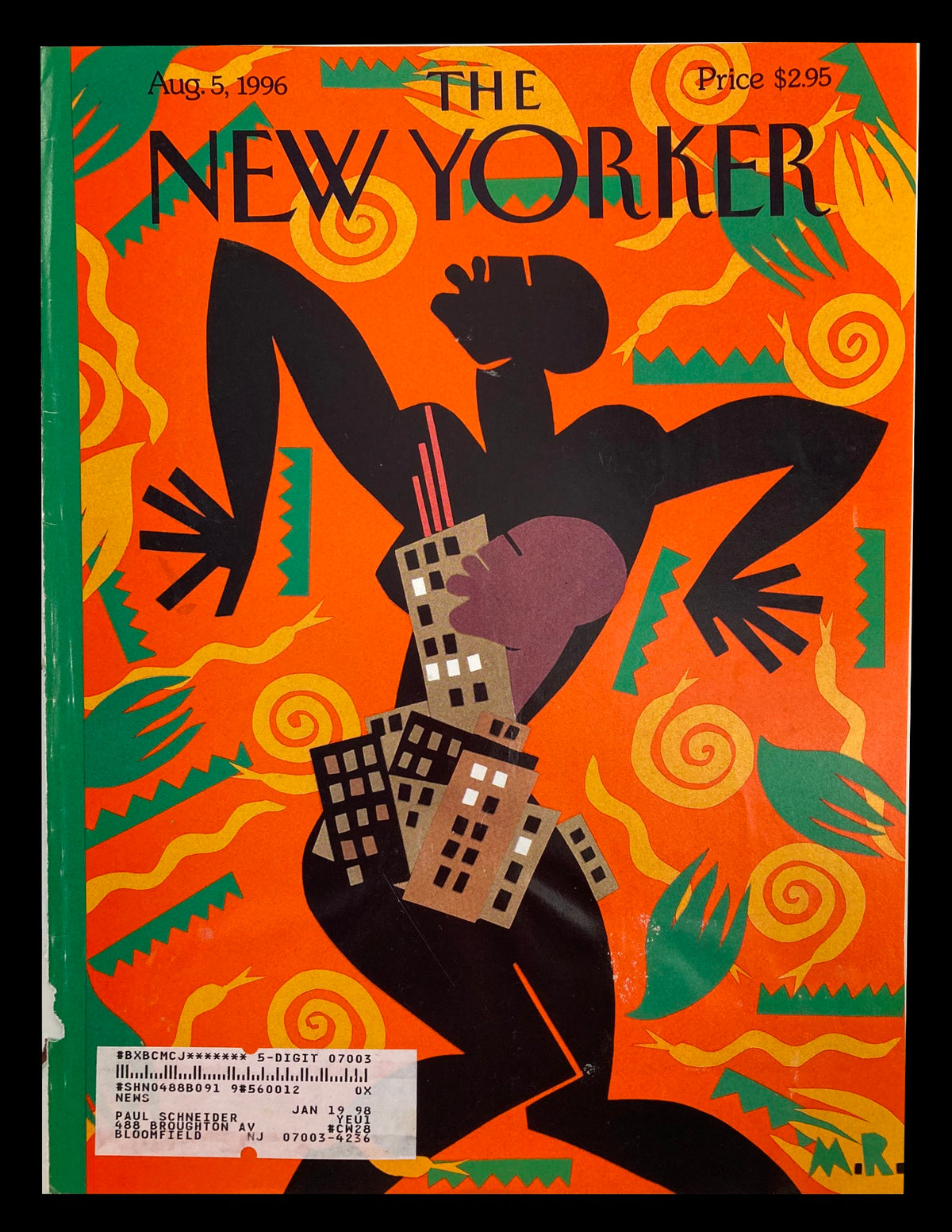 Cover of The New Yorker August 5, 1996, titled 'Helter Swelter' by Michael Roberts, featuring vibrant colors and artistic imagery depicting a dramatic figure.