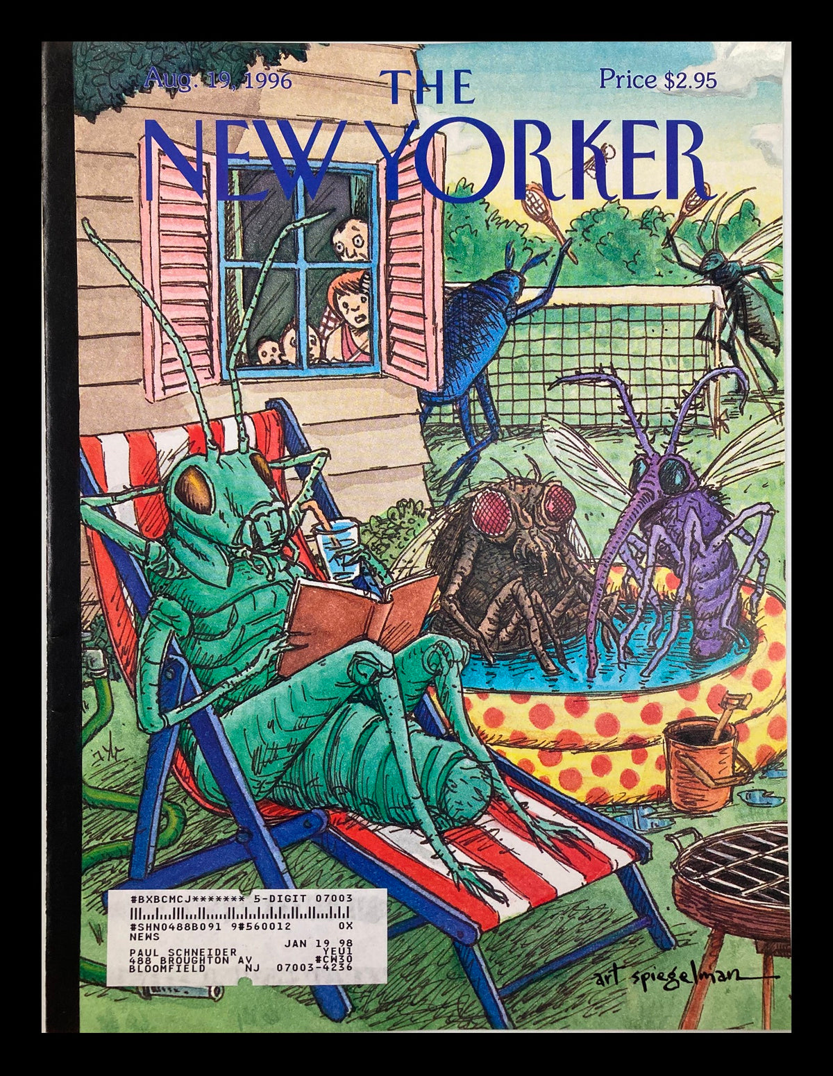 Cover of The New Yorker August 19, 1996 Summer Buzz by Art Spiegelman featuring whimsical insects enjoying a summer day by a pool with playful visuals.