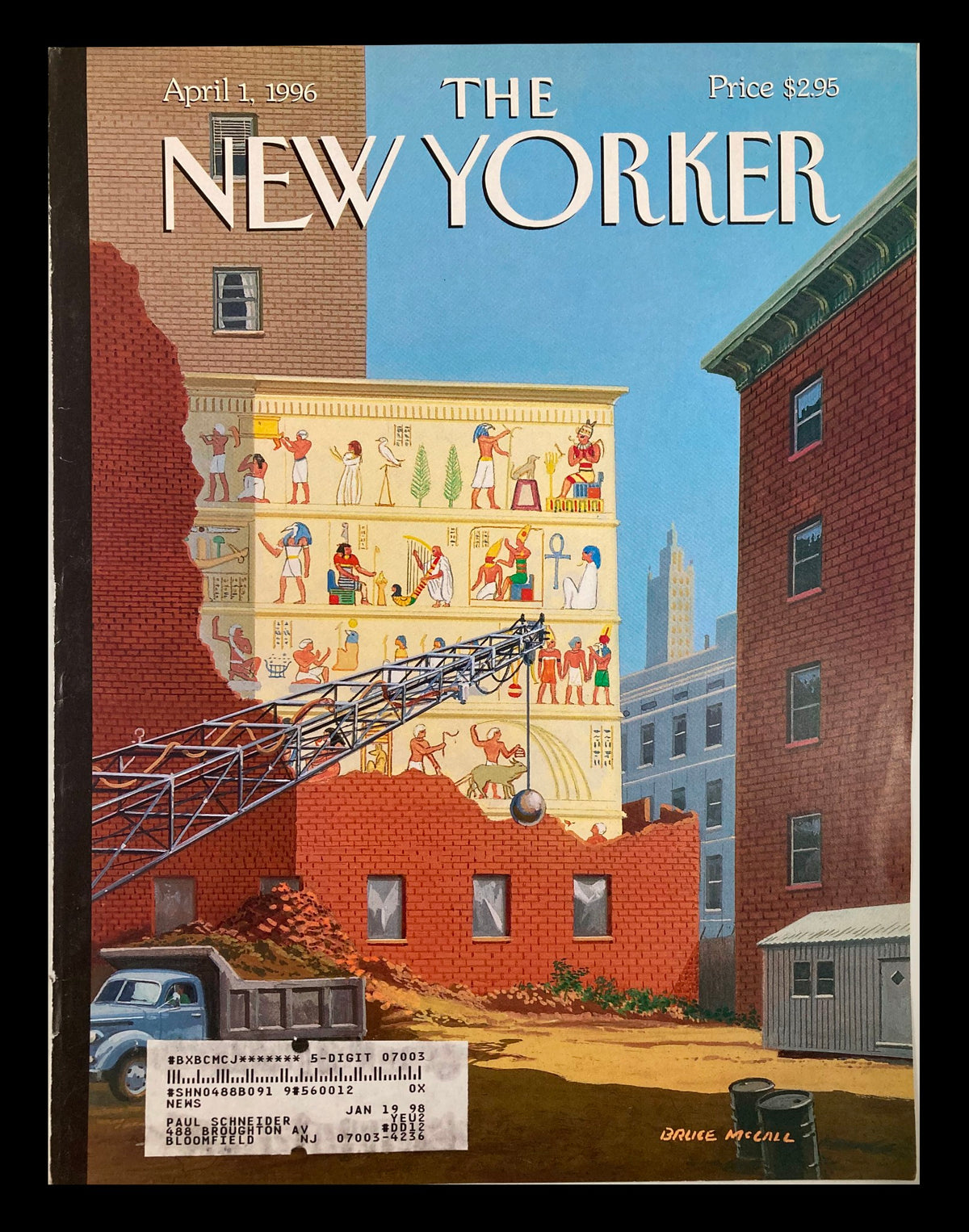 Cover only of The New Yorker April 1 1996, featuring artwork by Bruce McCall, showcasing a colorful urban scene with murals, depicting the creativity and culture of New York.