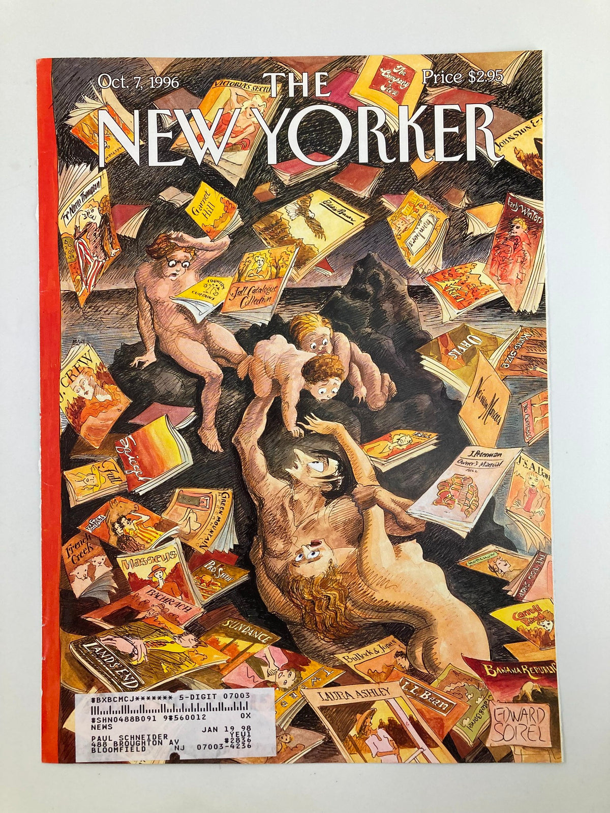 The Deluge cover of The New Yorker magazine from October 7, 1996, created by Edward Sorel, showcasing dynamic artwork with a mix of characters and scattered publications.