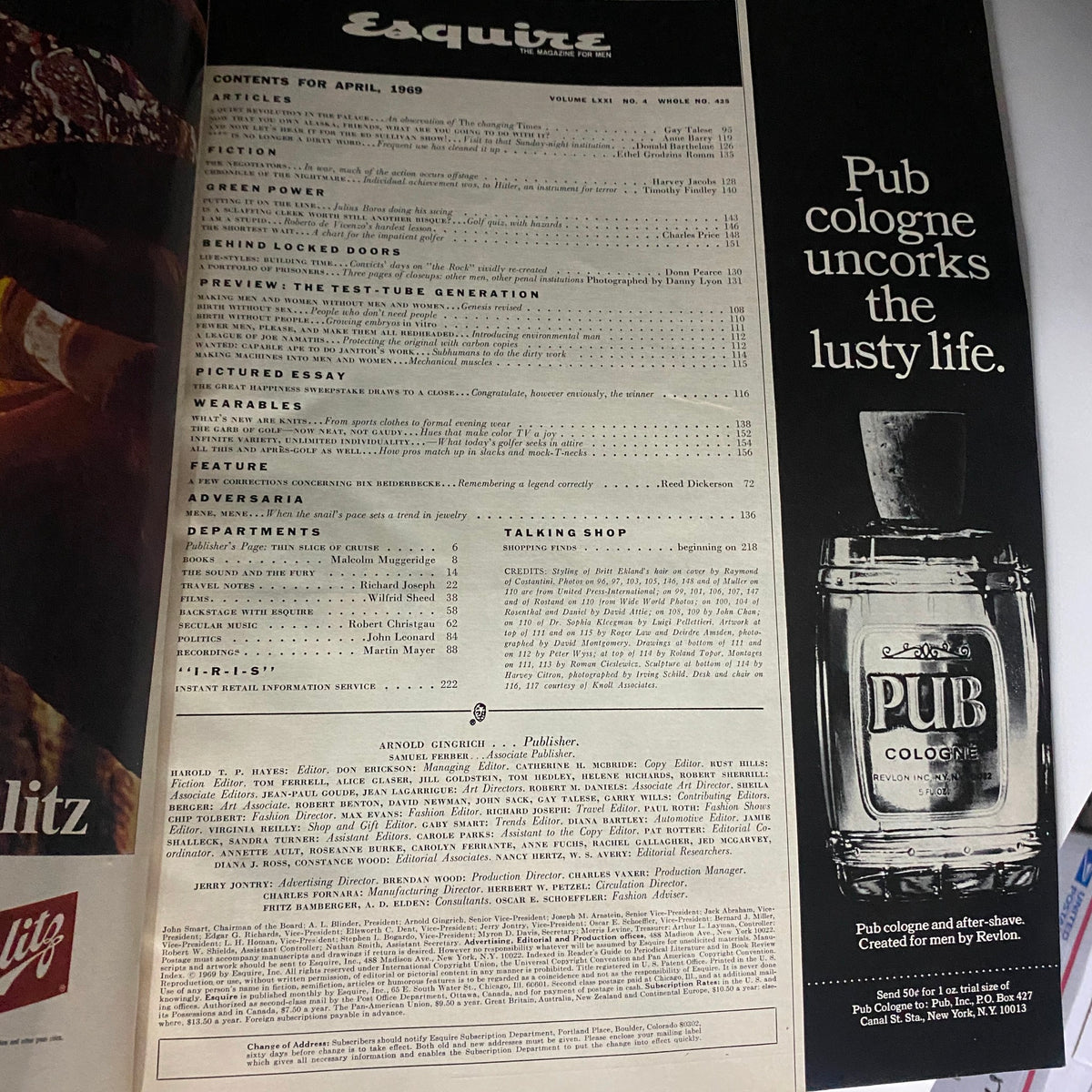 Inside page of VTG Esquire Magazine April 1969, detailing the table of contents for issue number 425, showcasing various articles and features from the time.