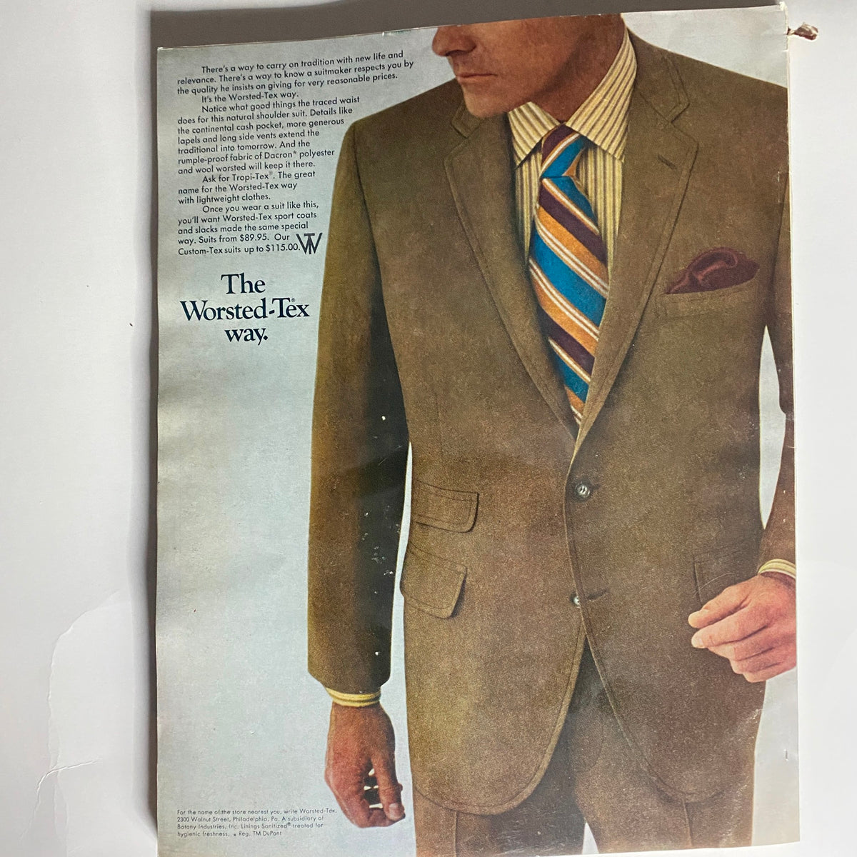 Ad page from VTG Esquire Magazine April 1969 promoting Worsted-Tex suits, highlighting a stylish suit and tie ensemble for men.