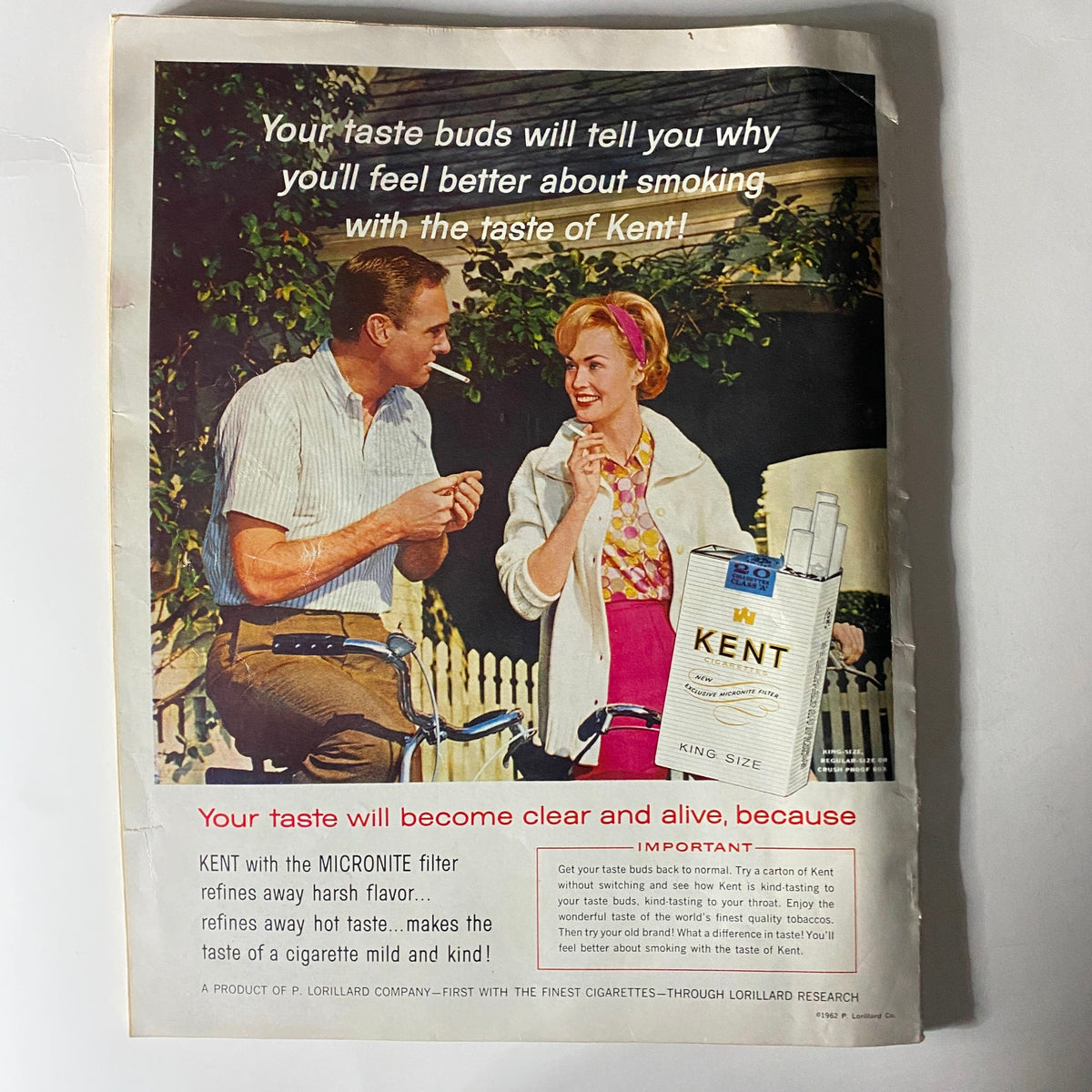 Vintage advertisement from VTG Esquire Magazine May 1962 promoting Kent cigarettes, featuring a retro couple enjoying a conversation.