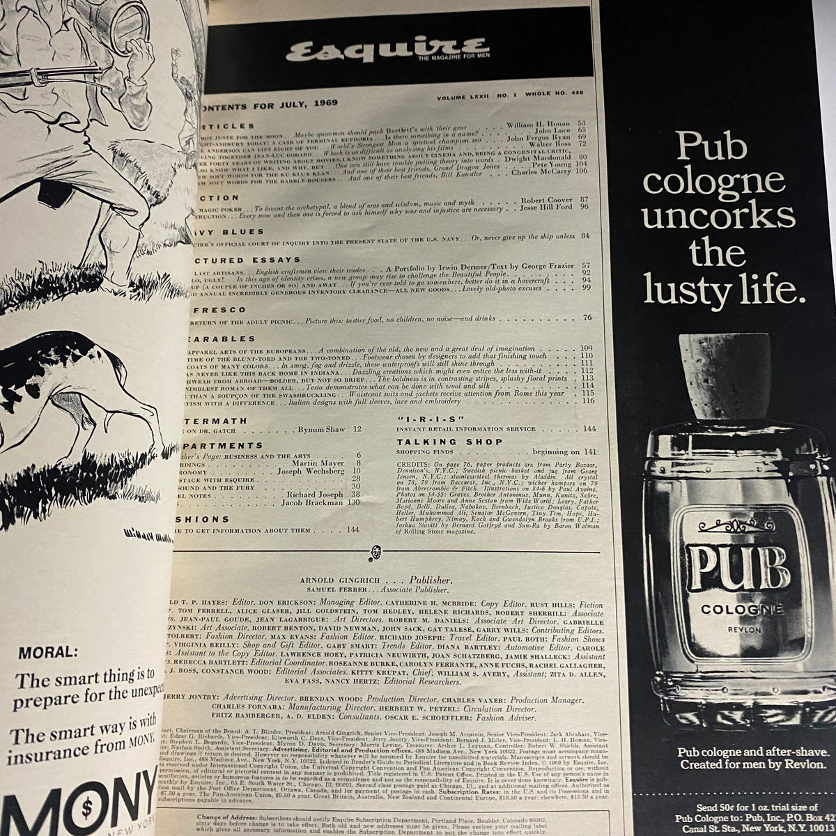 Contents page of VTG Esquire Magazine July 1969 No. 428 showcasing articles, essays, and advertisements from the era.