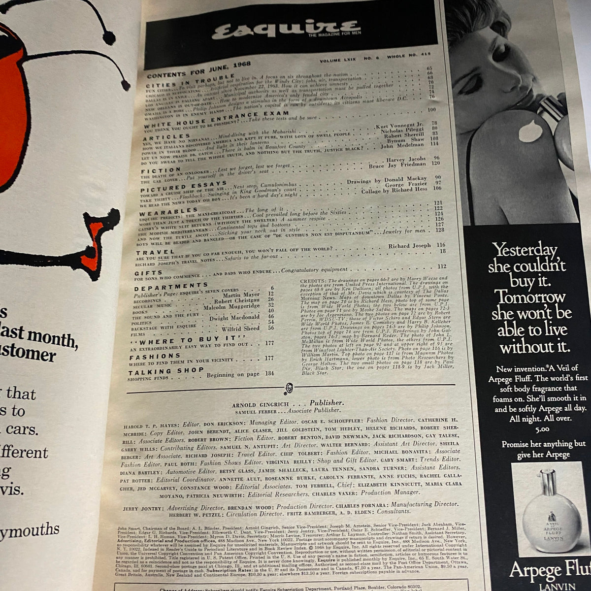 Inside page of VTG Esquire Magazine June 1968 No. 415 showcasing the table of contents, highlighting various articles and features including the Presidential Personality Test.