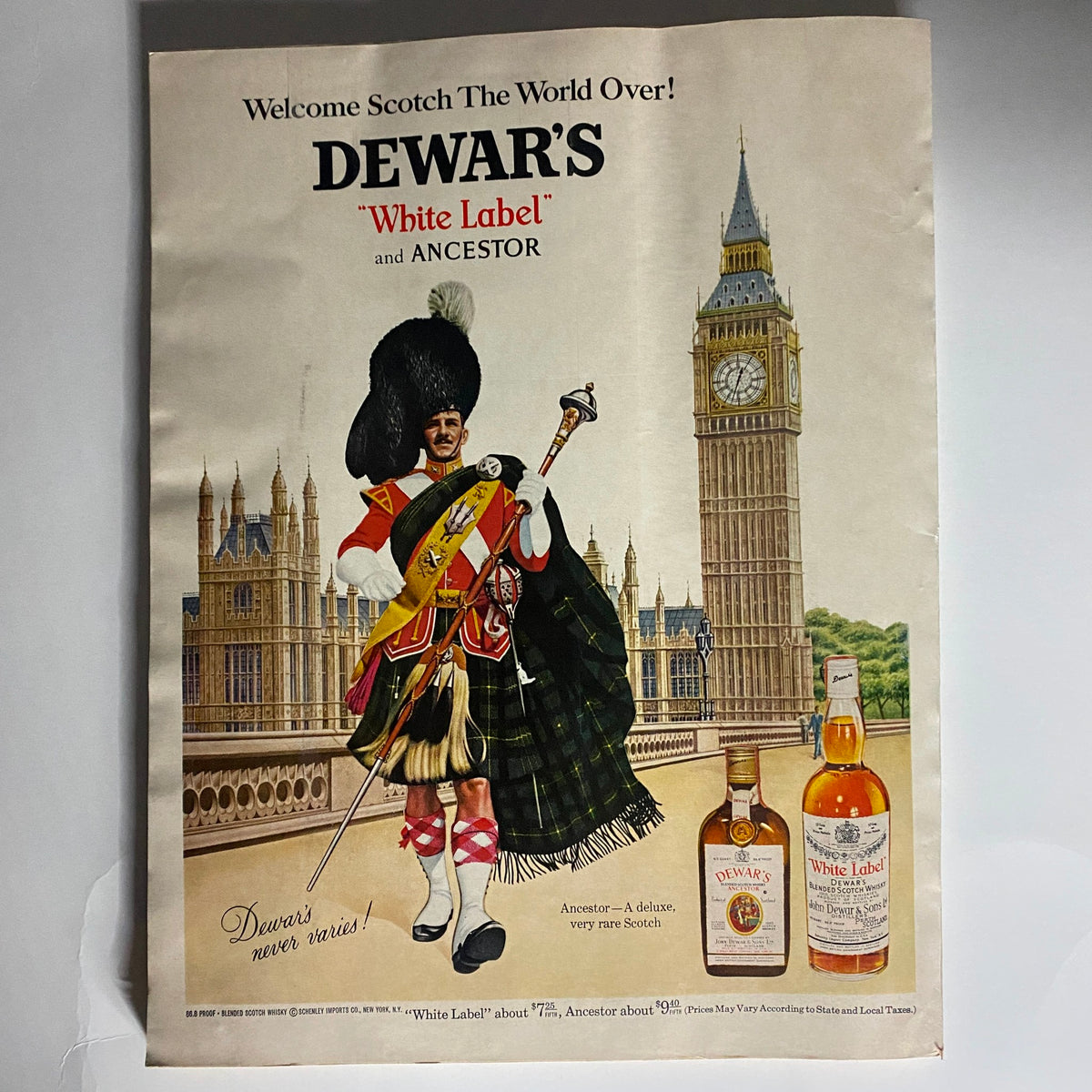 Advertisement page from VTG Esquire Magazine June 1968 No. 415, featuring a colorful promotion for Dewar's 'White Label' Scotch whisky alongside an illustration of a Scottish soldier.