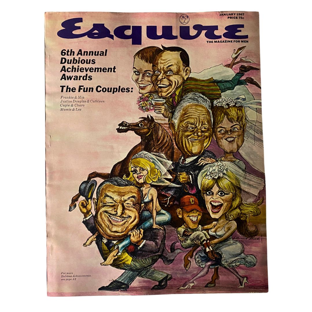 Cover of VTG Esquire Magazine January 1967 featuring the 6th Annual Dubious Achievement Awards, illustrated with caricatures of famous figures and the title in bold typography.