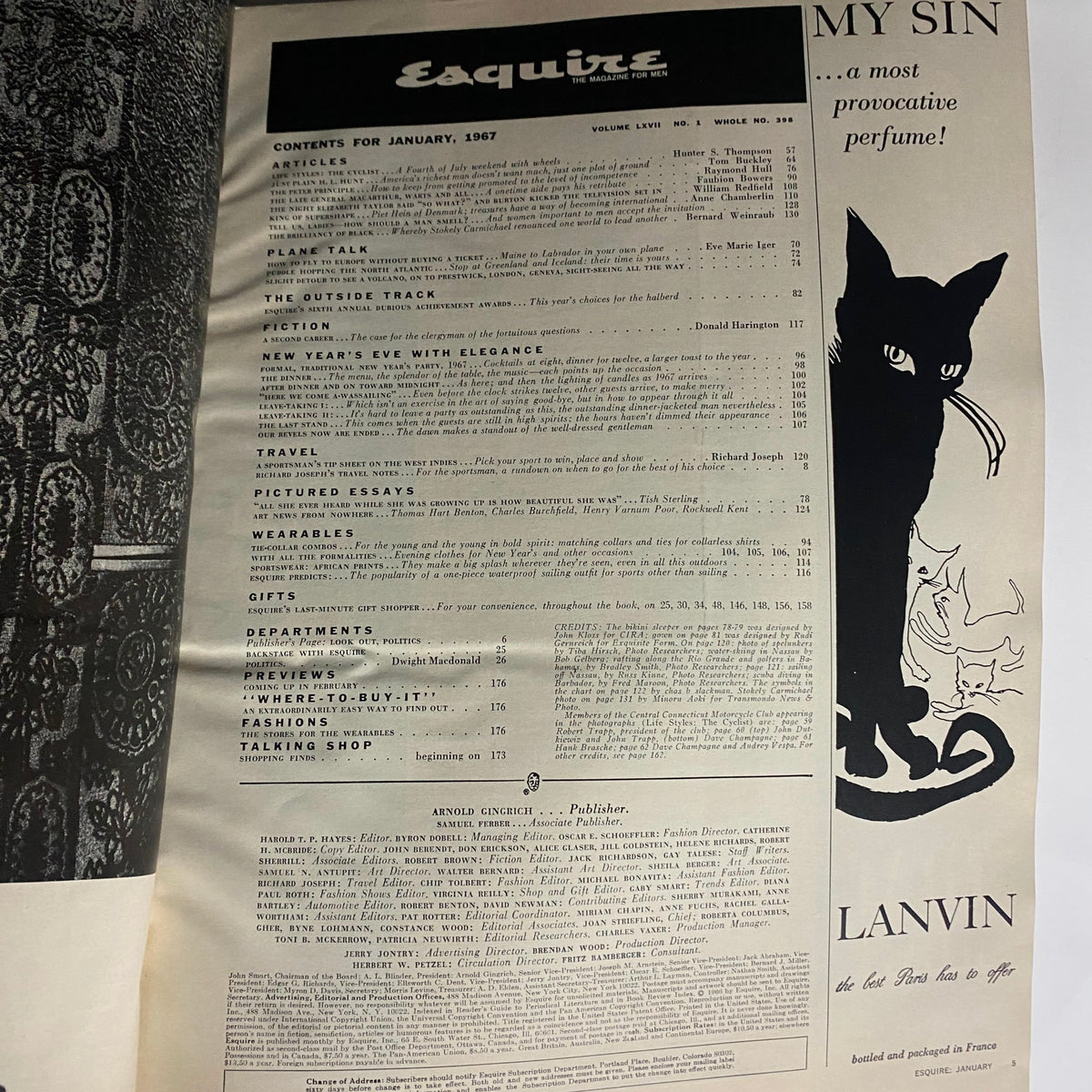 Contents page of VTG Esquire Magazine January 1967, detailing articles and features including topics from the 6th Annual Dubious Achievement Awards.