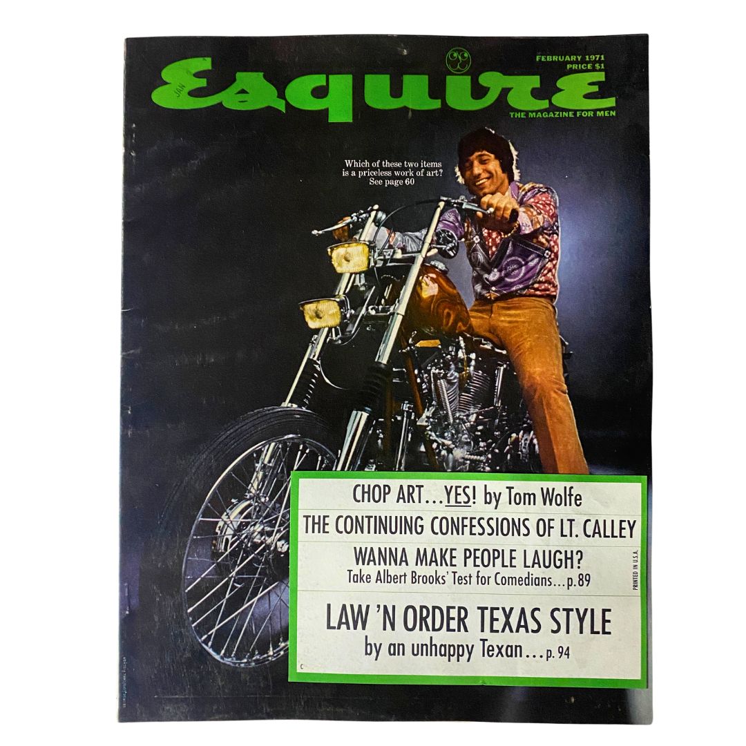 Cover of VTG Esquire Magazine February 1971 No. 447 featuring Chop Art by Tom Wolfe, showcasing a man on a motorcycle with bold graphics and vibrant colors.