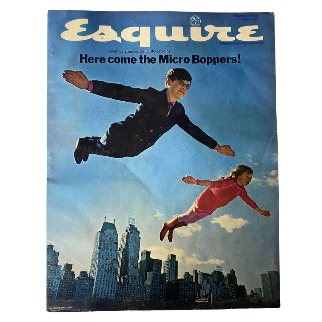 VTG Esquire Magazine March 1968 No. 412 Here Come the Micro Boppers cover featuring children soaring over a city skyline.