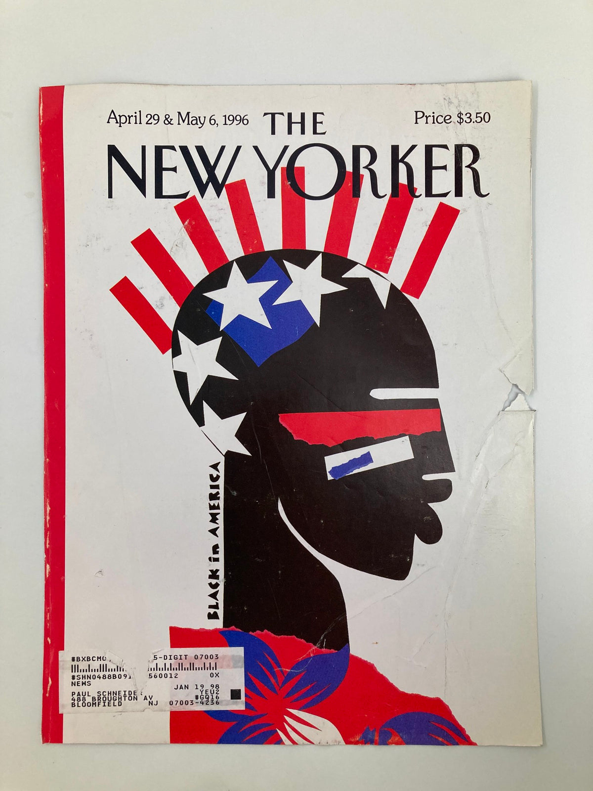 The New Yorker cover from April 29, 1996, titled 'Black in America' by Michael Roberts, showcasing a prominent graphic design with patriotic colors and condition details.