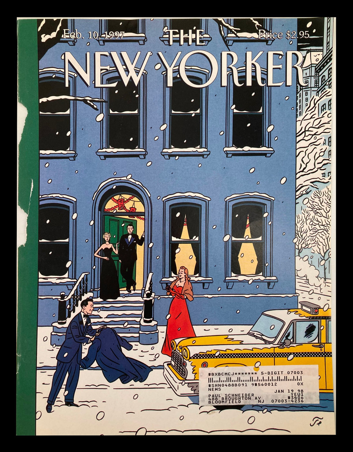COVER ONLY of The New Yorker February 10, 1997 featuring the 'Ole' theme cover by Floch, depicting people in formal attire in a snowy street alongside a taxi.