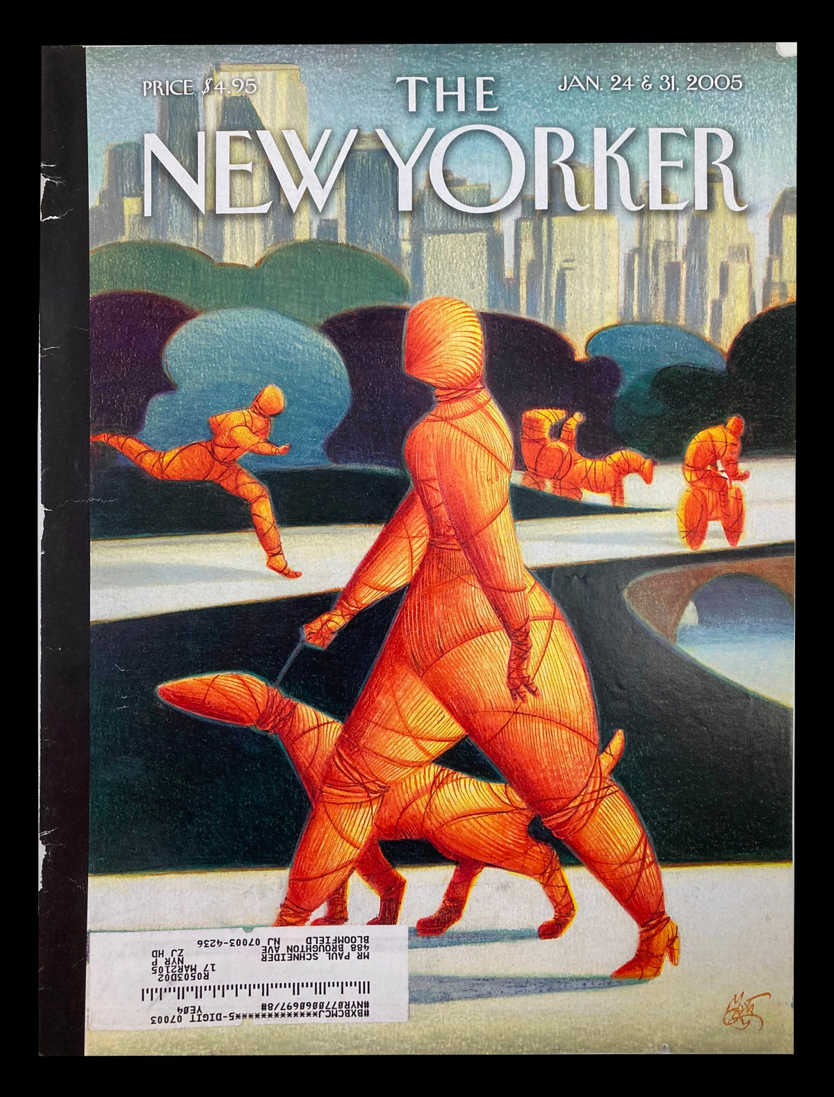 COVER ONLY The New Yorker January 24 2005 Central Park Wrapped by Lorenzo Mattotti, featuring vibrant artwork depicting figures and a dog in a serene, wintery Central Park scene, perfect for art collectors.