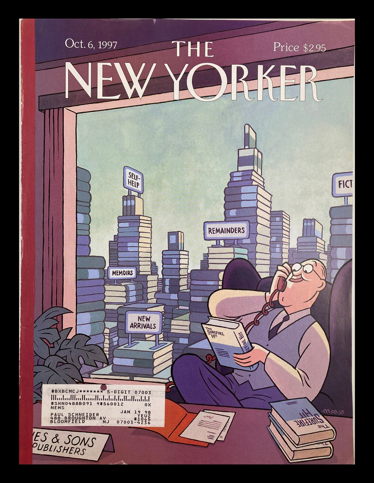 COVER ONLY The New Yorker October 6, 1997 Theme Cover Tall Stories by Max featuring a seated man on the phone amidst stacks of books labeled 'Self-Help', 'Fiction', 'Memoirs', and 'Remainders'.