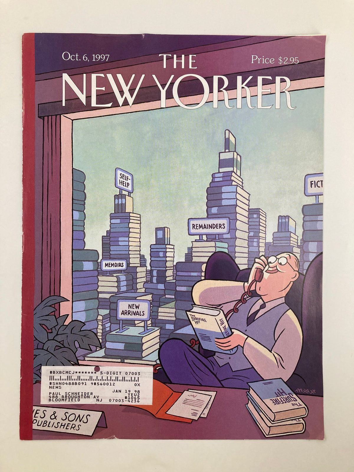 COVER ONLY The New Yorker October 6, 1997 Theme Cover Tall Stories by Max showcasing a relaxed man reading a book in an office filled with towering stacks of books and a phone in hand.