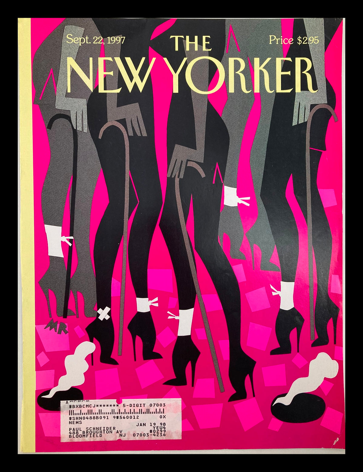The New Yorker September 22, 1997 Cover - Head Over Heels by Michael Roberts, featuring colorful graphic art of figures in high heels with a vibrant pink background.