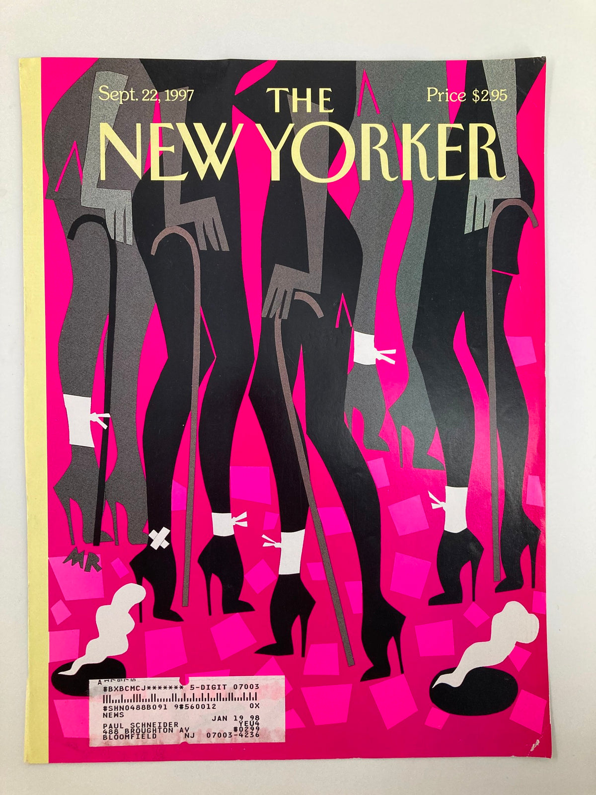 The New Yorker September 22, 1997 Cover - Head Over Heels by Michael Roberts, showcasing a striking illustration of stylized figures in high heels against a bold pink backdrop.