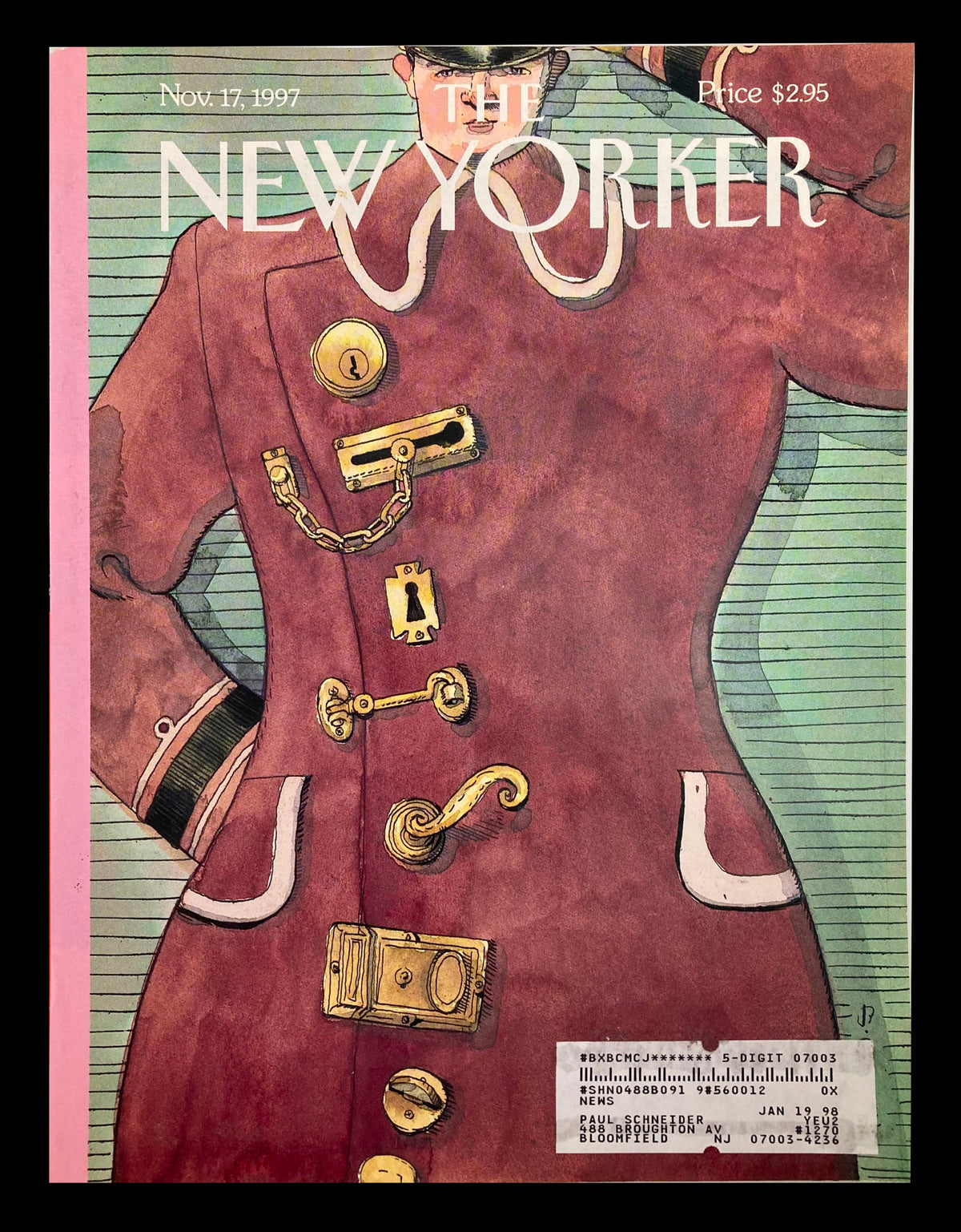 Cover of The New Yorker November 17, 1997, titled 'Locked Up' by Barry Blitt, featuring a colorful illustration of a soldier in a coat embellished with various unique locks and chains.