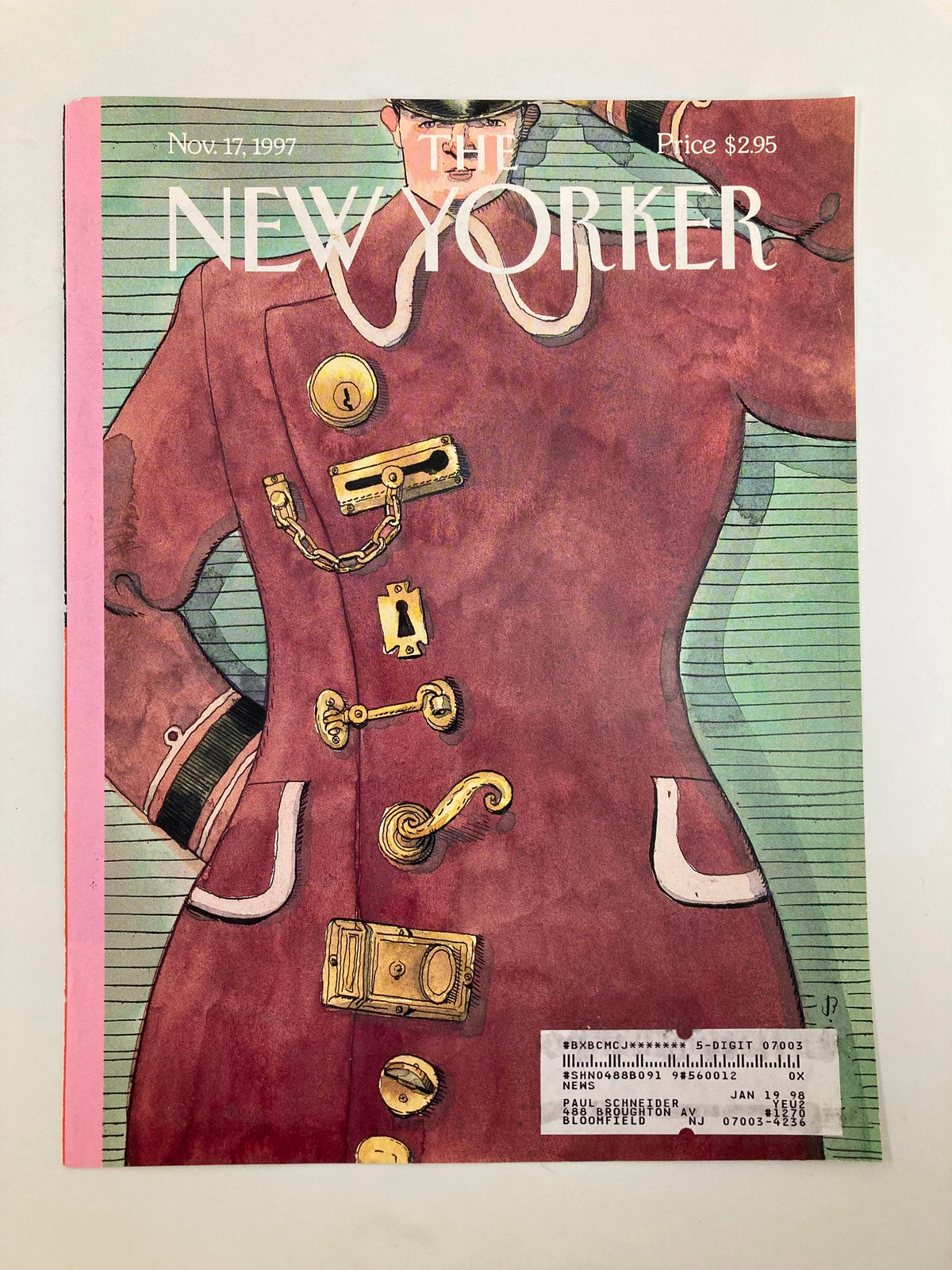 Cover of The New Yorker, November 17, 1997, titled 'Locked Up' by Barry Blitt, featuring a colorful illustration of a coat with gold buttons and a chain.