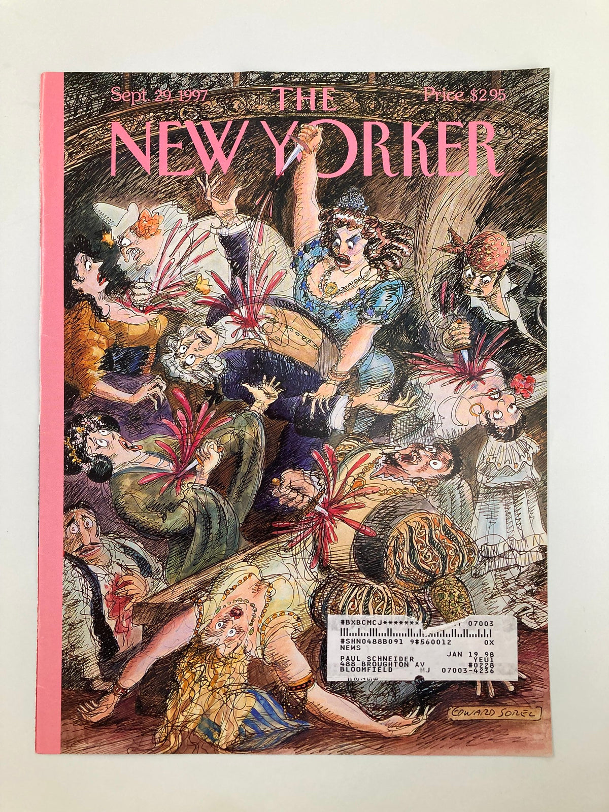 Cover of The New Yorker September 29, 1997, titled 'Opening Night' by Edward Sorel, featuring colorful illustrations of characters in a vibrant theatrical setting.