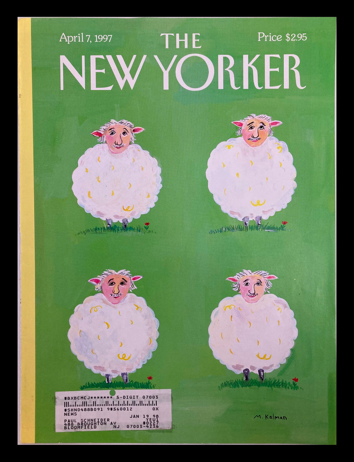 COVER ONLY The New Yorker April 7 1997 Einstein, Zweistein, Dreistein by Maira, featuring playful sheep illustrations against a green background.