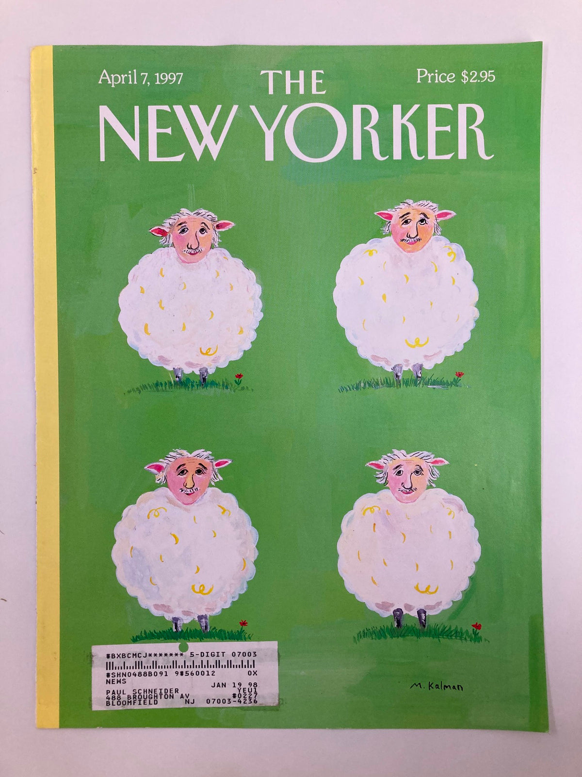 COVER ONLY The New Yorker April 7 1997 Einstein, Zweistein, Dreistein by Maira, showcasing charming sheep characters with whimsical expressions.