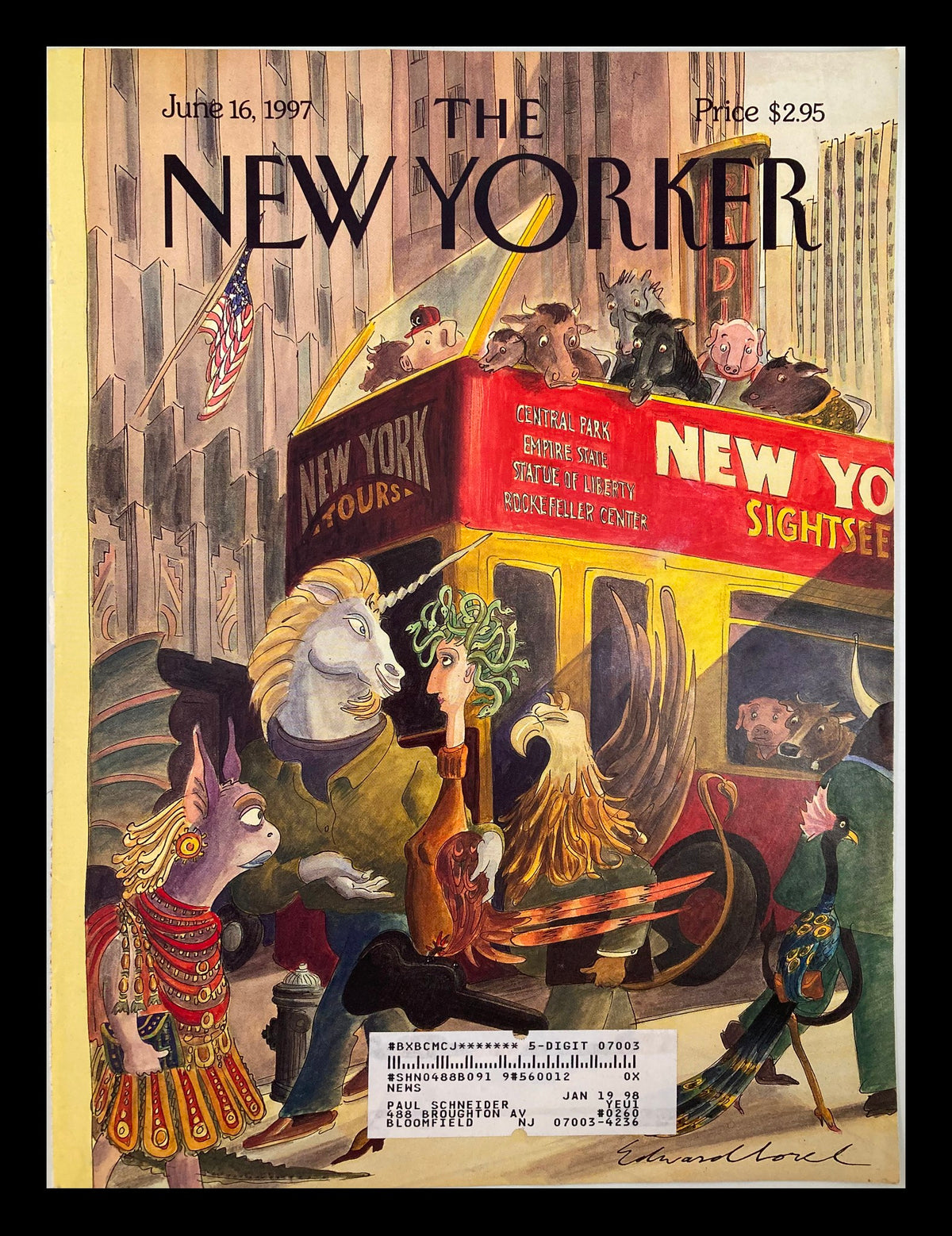 Cover of The New Yorker, June 16, 1997 titled 'Walkers and Gawkers' by Edward Sorel, featuring an illustration of various anthropomorphized characters in a New York City sightseeing bus with iconic landmarks listed.