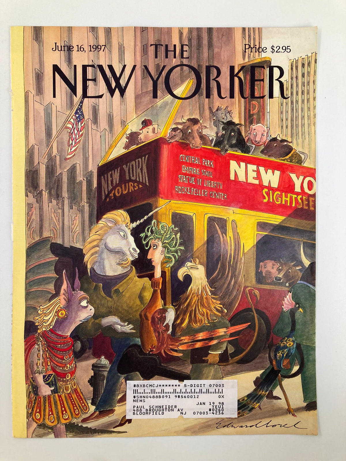 The New Yorker Cover from June 16, 1997, titled 'Walkers and Gawkers' by Edward Sorel, showcasing an artistic depiction of whimsical characters on a tour bus in New York City, highlighting the vibrant essence of urban life.