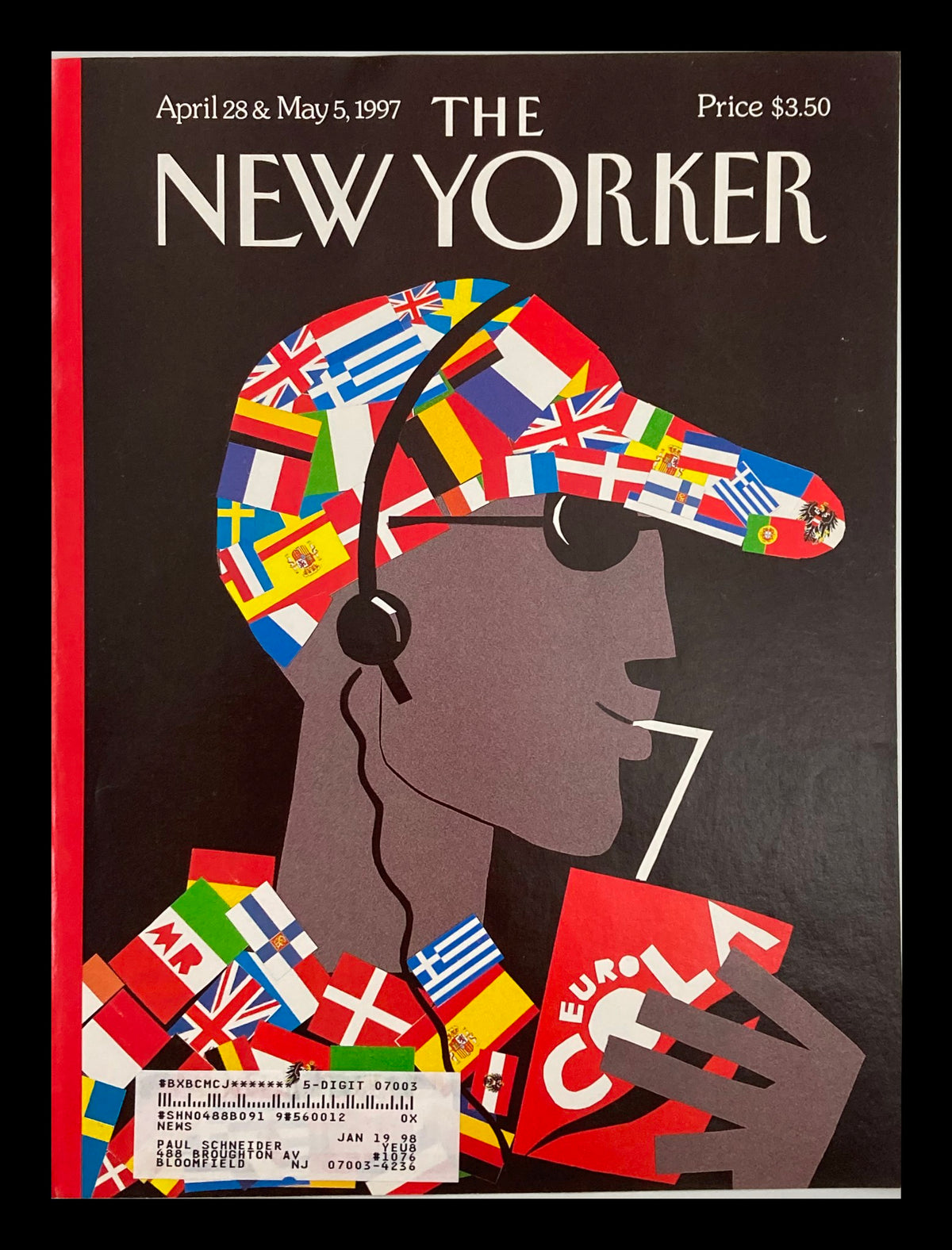 Cover of The New Yorker dated April 28 & May 5, 1997, featuring a Eurocentric design by Michael Roberts, showcasing a figure adorned with international flags.