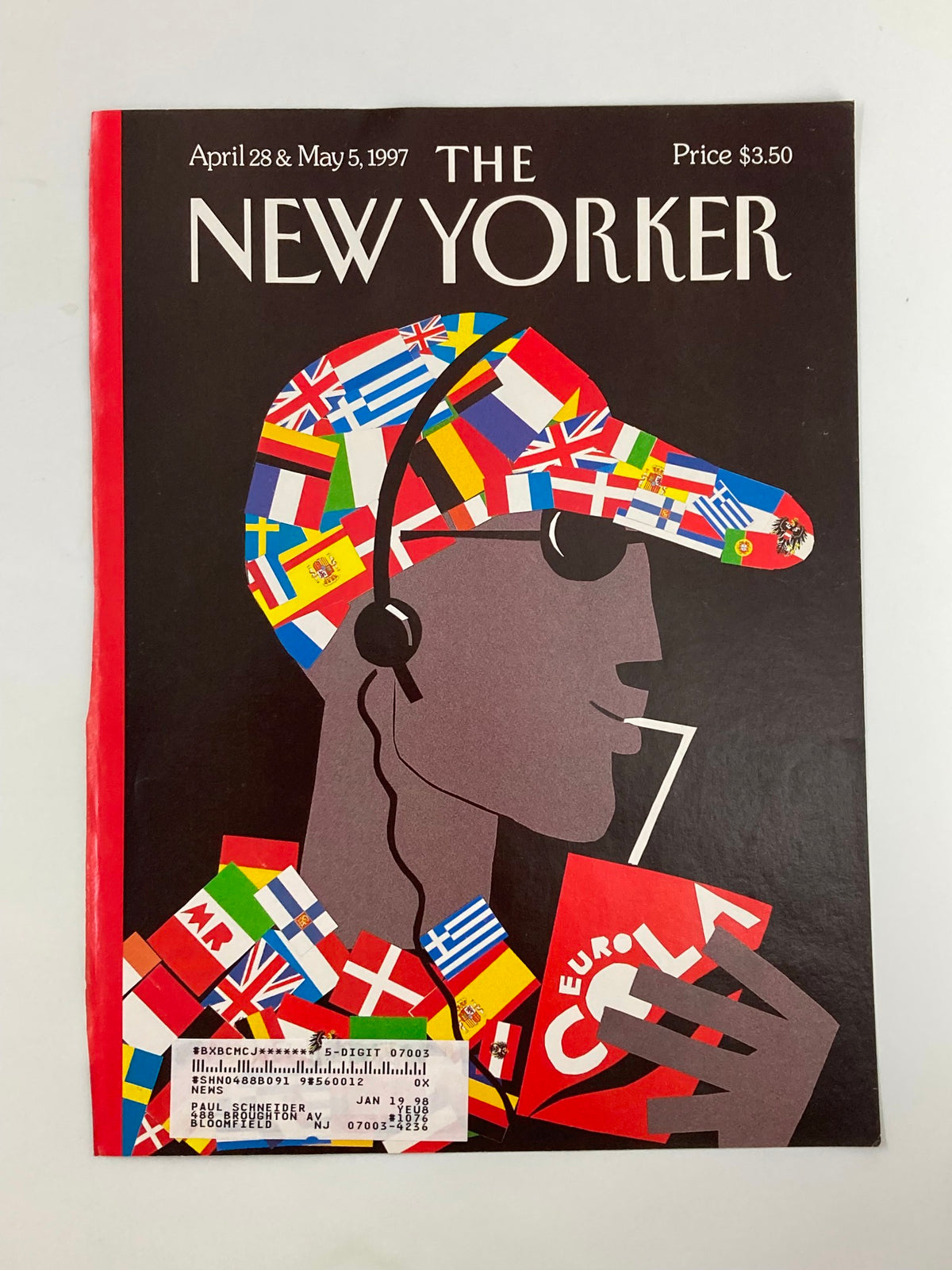 Cover of The New Yorker from April 28 & May 5, 1997, illustrating a Eurocentric theme by Michael Roberts, highlighting a character with headphones and a drink amidst various national flags.