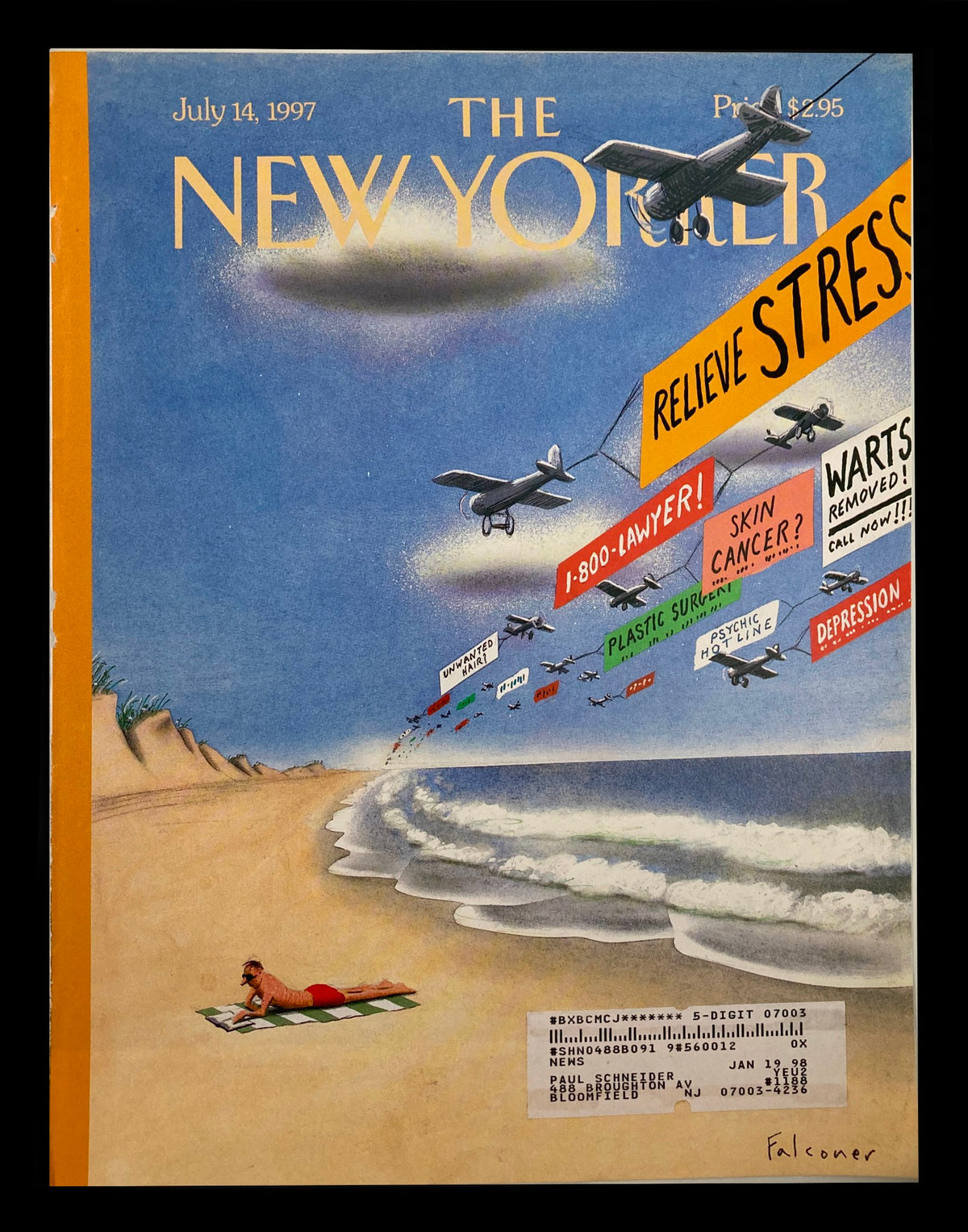 Cover of The New Yorker magazine dated July 14, 1997, titled 'Getting Away from It All' by Ian Falconer, featuring a beach scene with a man lounging and airplanes trailing signs that read 'Relieve Stress,' 'Skin Cancer?' and more.