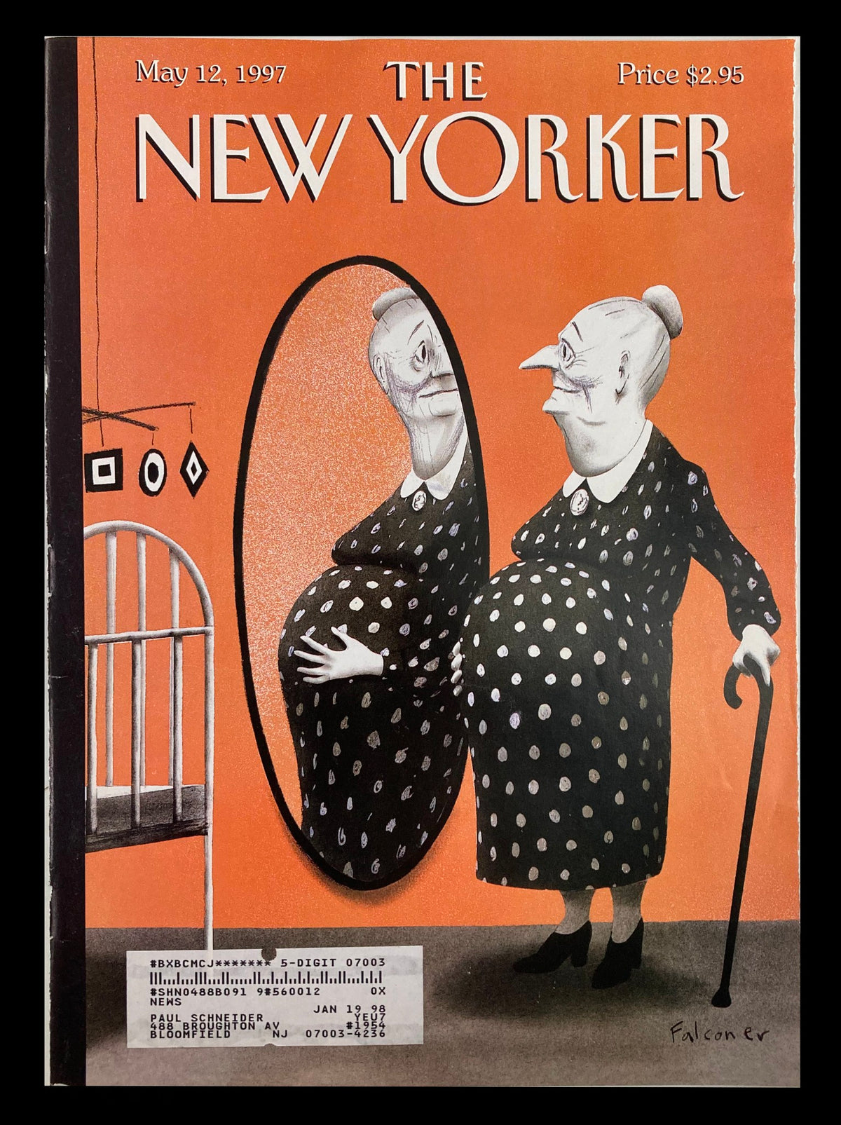 Cover art from The New Yorker dated May 12, 1997, illustrating a whimsical mother and child reflection by Ian Falconer. Perfect for Mother's Day.