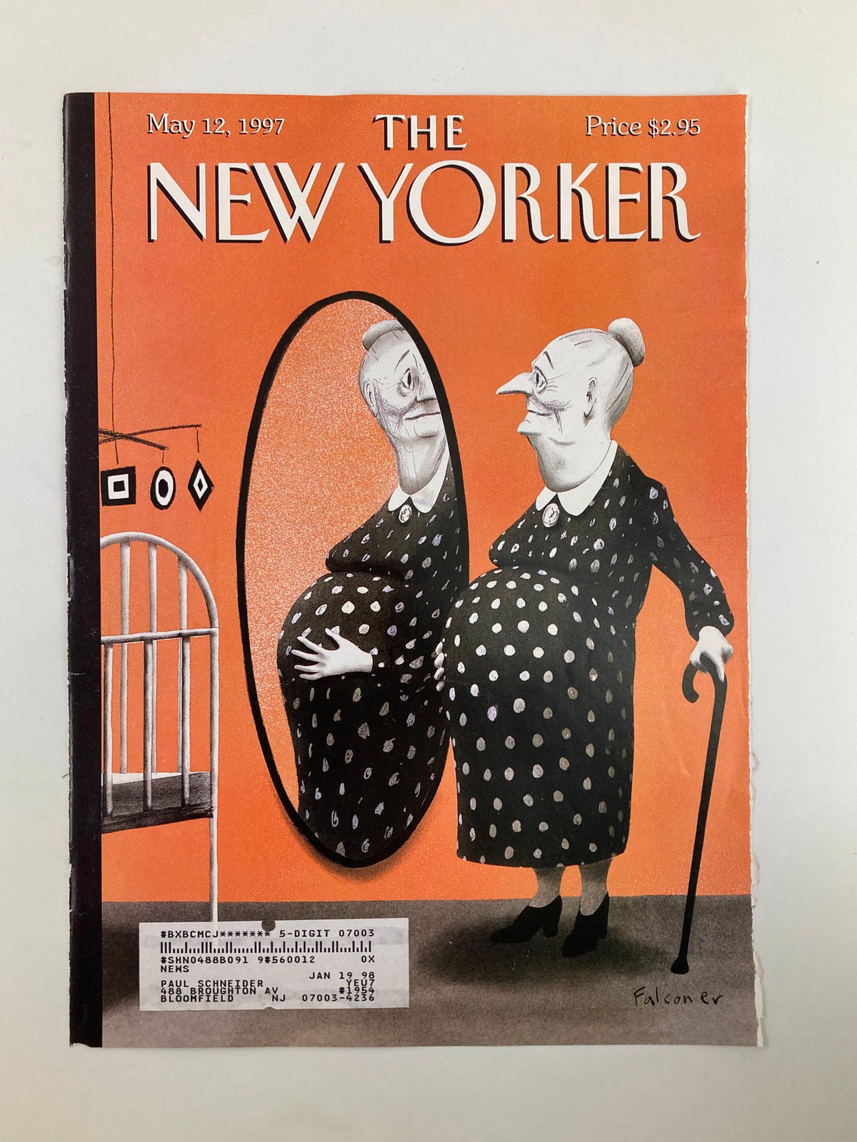 The New Yorker cover art from May 12, 1997, featuring playful imagery of a mother admiring her reflection, created by Ian Falconer.