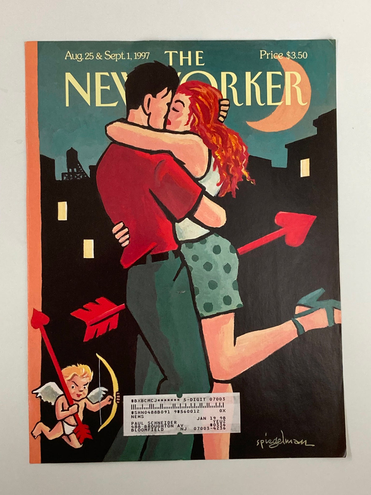 Cover only of The New Yorker, August 25, 1997, showcasing Art Spiegelman's illustration of a couple embracing, accompanied by a playful cherub, set against a nighttime cityscape.