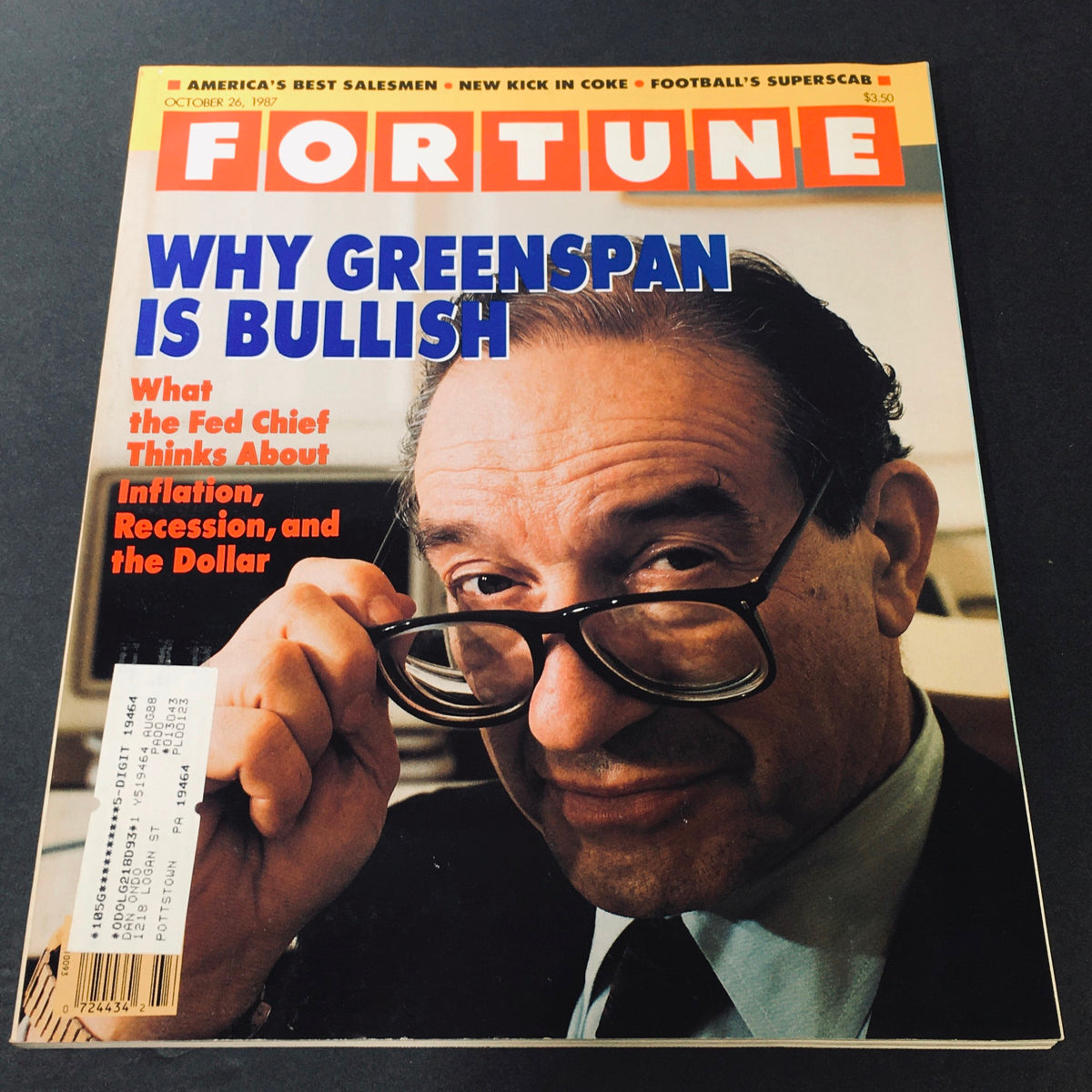 Cover of VTG Fortune Magazine dated October 26, 1987, featuring the title 'Why Greenspan is Bullish,' highlighting Alan Greenspan's insights on inflation, recession, and the dollar.