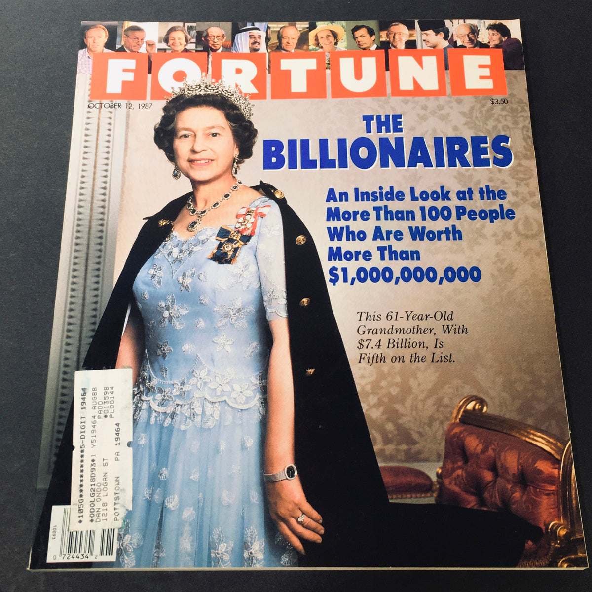 Cover of Vintage Fortune Magazine from October 12, 1987, featuring Queen Elizabeth and the headline 'The Billionaires'. The magazine explores insights into individuals worth over one billion dollars.