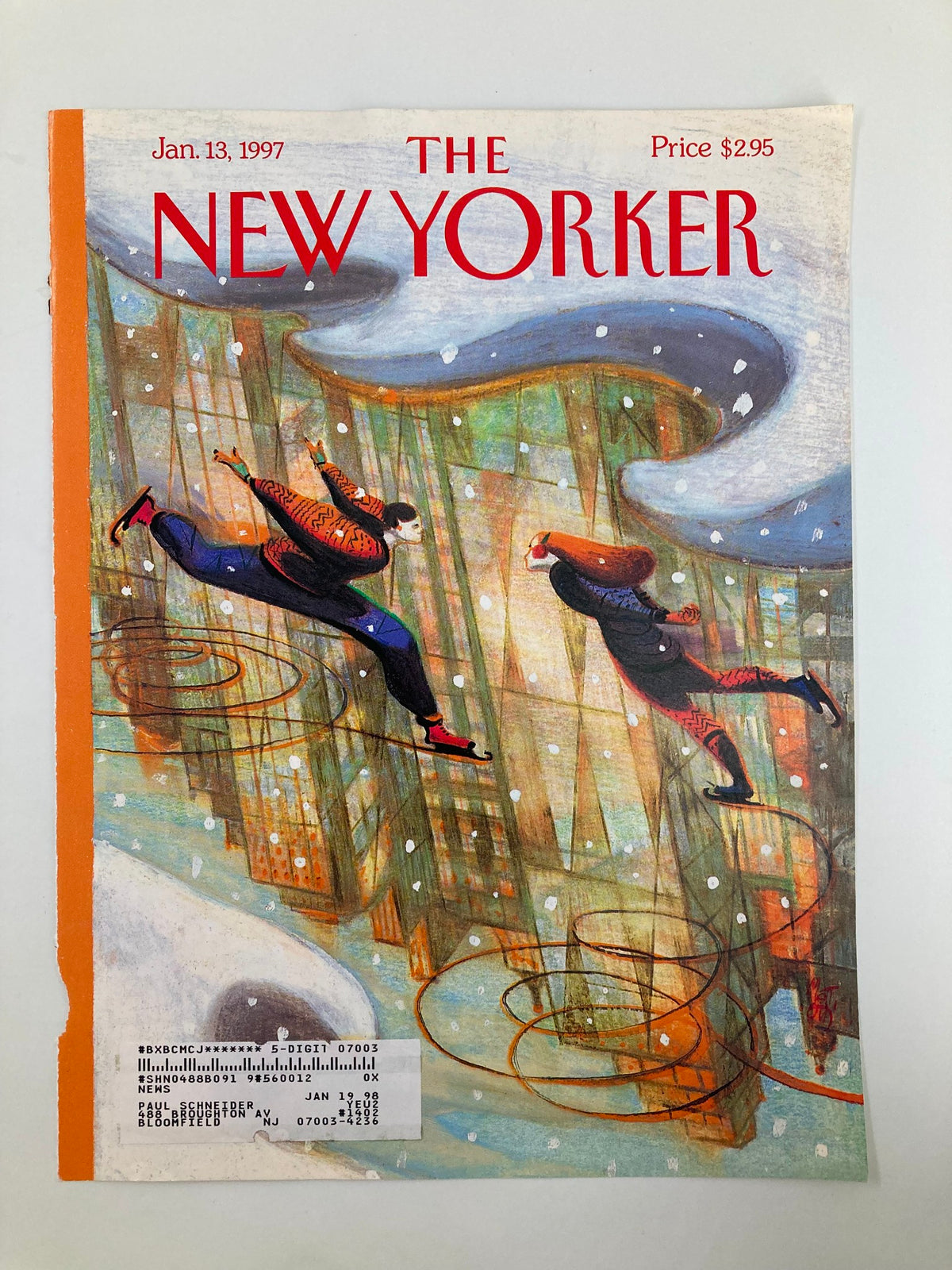 Cover of The New Yorker January 13, 1997, showcasing imaginative ice skating illustration by Lorenzo Mattotti. The scene is filled with lively winter scenery.