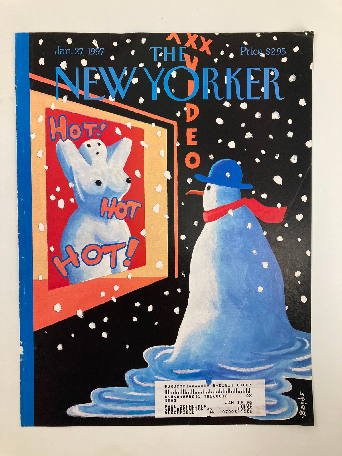The New Yorker cover dated January 27, 1997, featuring vibrant artwork by Art Spiegelman titled "Hot, Hot, Hot"; depicting a snowman and playful imagery in a winter scene, enhancing its appeal as a collectible item.