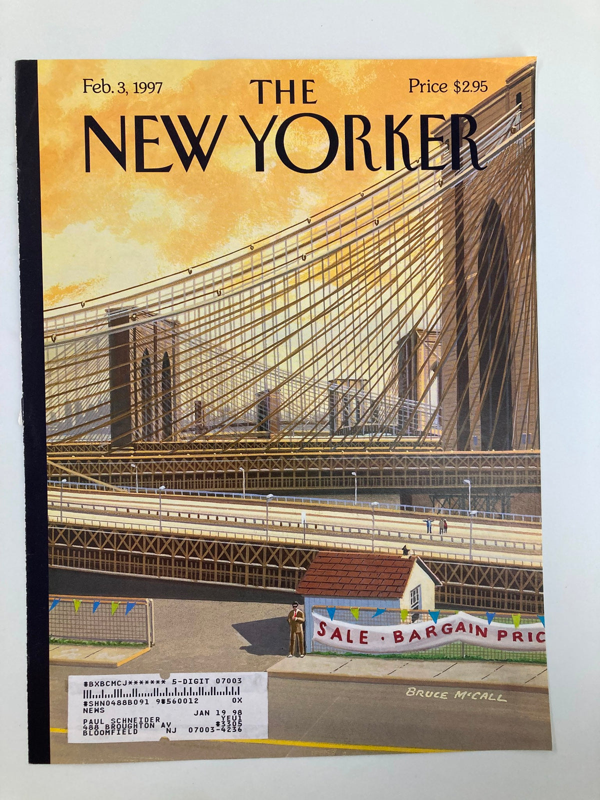 Cover of The New Yorker dated February 3, 1997, titled 'The Sale of the Century,' illustrated by Bruce McCall, featuring a vibrant depiction of the Brooklyn Bridge with a sale banner in the foreground.