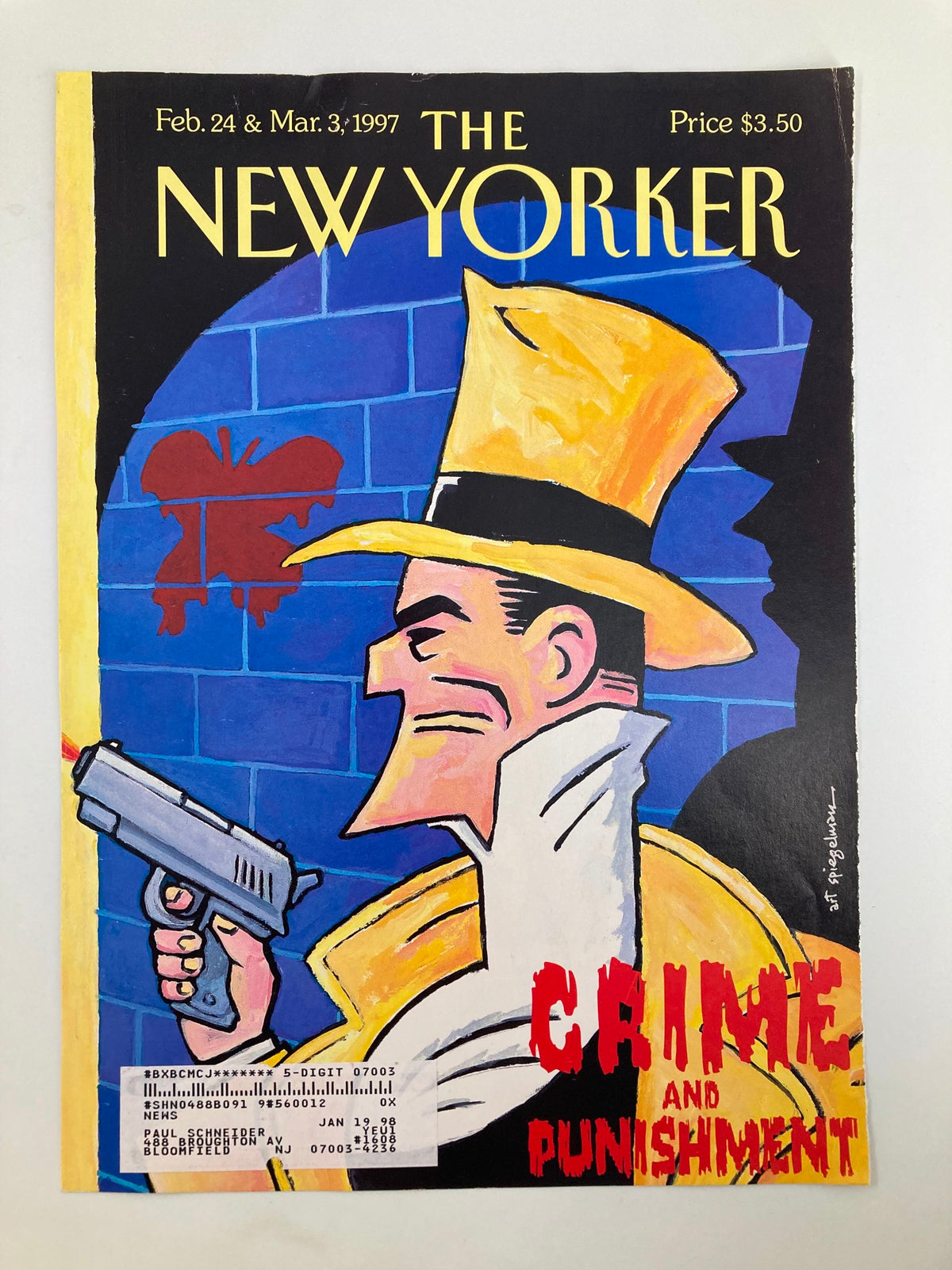 The New Yorker Cover February 24 1997 by Art Spiegelman, showcasing a stylized detective character holding a gun, set against a blue wall with graffiti, encapsulating the concept of crime and punishment.